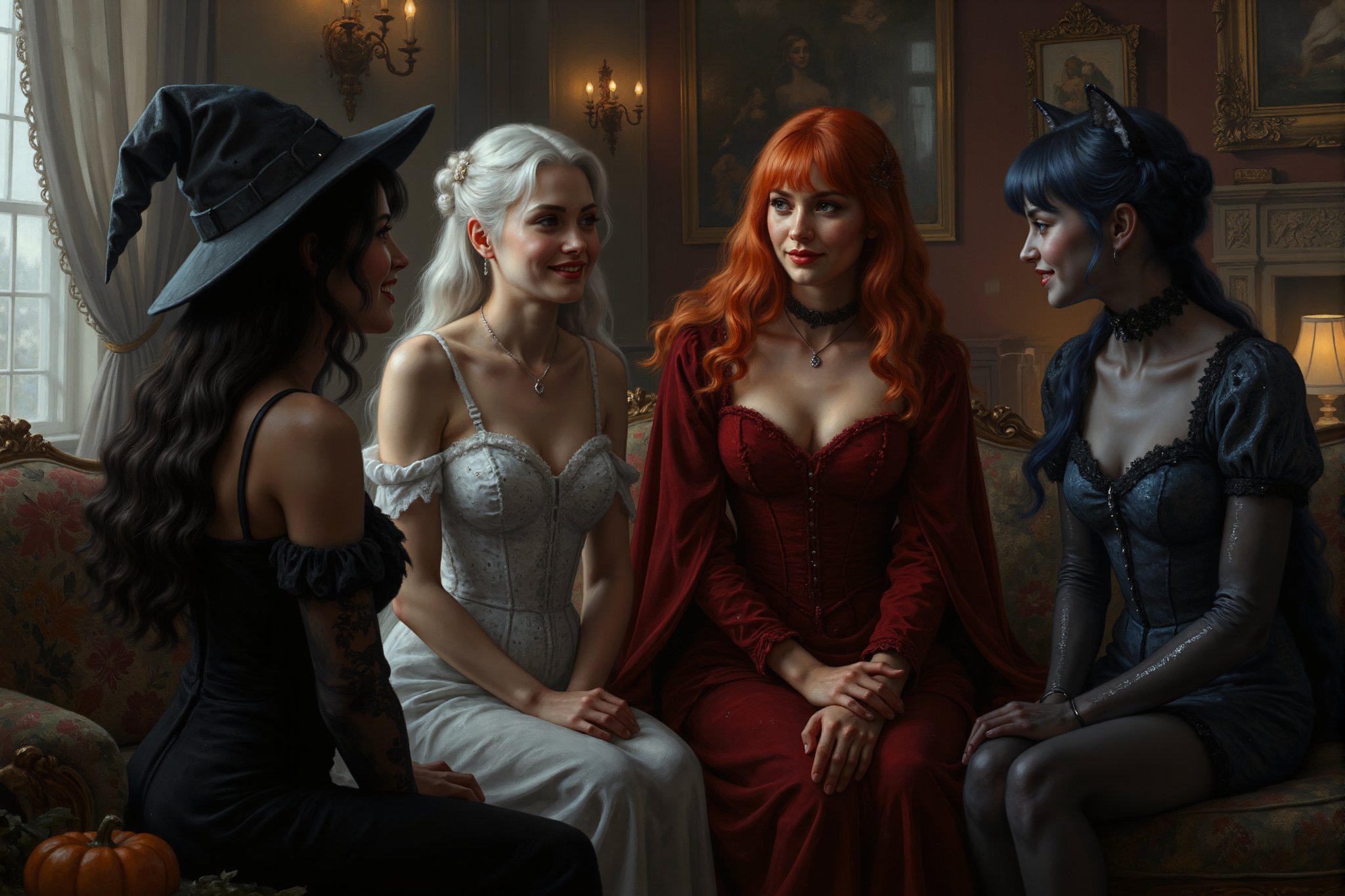 a beautiful young female witch with long curly black hair, pointy witch cap, witch outfit, beautiful young ghostly woman with white hair, the whitest pale skin, white dress, beautiful female vampire with vivid big long red hair, big red lips wearing a red victorian inspired velvet corsett dress, and beautiful cat woman, with cat ears and short blunt cut blue hair with bangs wearing a skin tight dark blue leather body suit are together in an elaborate victorian house, in the living room, decorating the house for halloween, laughing and talking with each other. perfect anatomy, perfect hands, perfect faces.