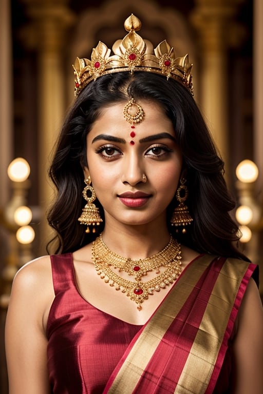 full body shot, beautiful female goddess Lakshmi, light golden eyes, Hindu goddess of prosperity and wealth, elaborate indian female saree and dupatta in colors of red and gold, she is wearing elaborate gold necklaces earrings and bangles on her arms, gold nose ring, serene expression, Lakshmi is surrounded by lotus flowers, she is glowing, illuminated, a holy goddess, with an elaborate gold crown, detailed background of the heavens, clouds stars, ,Detailedface,1girl,Masterpiece,Saree, full body,realhands,Indian,1 girl,Indian Designer Dress,more detail XL,fashion_girl,SD 1.5,REALISTIC,photo of perfecteyes eyes