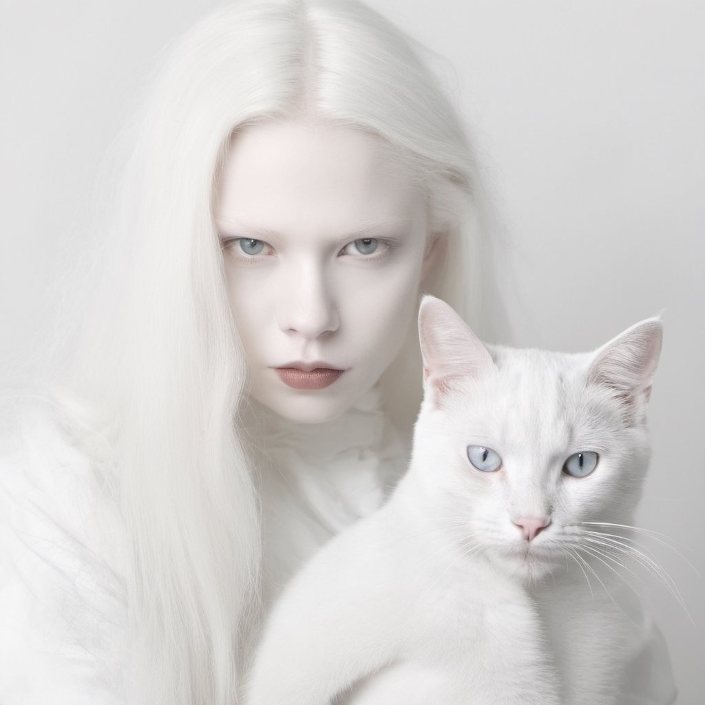 white portrait of an albino female vampire with fangs and a white cat against a white background photography