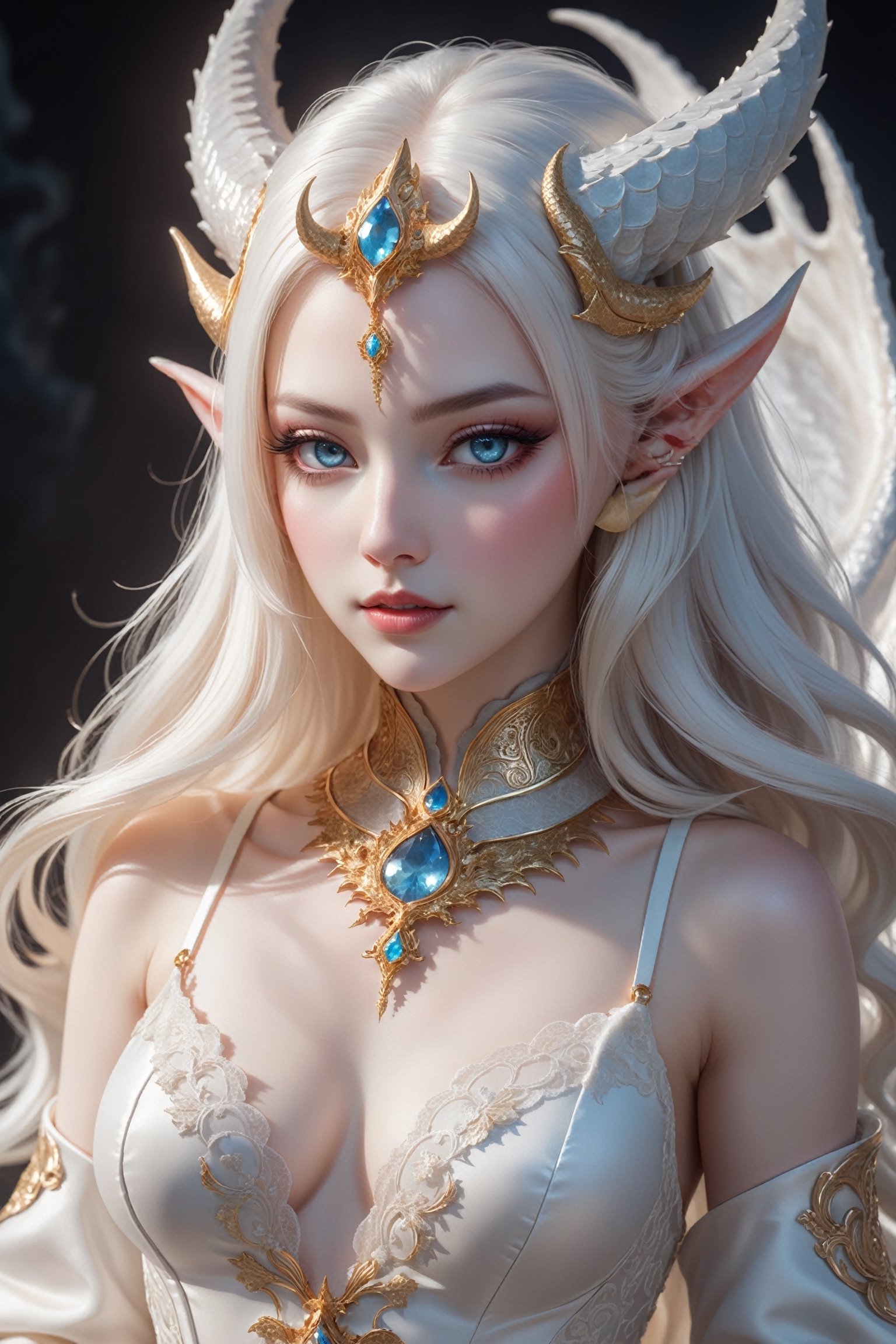 (full body),(long intricate horns:1.2), sensual albino demon girl with enchantingly beautiful, alabaster skin, thinking, thoughtful, A benevolent smile, girl has beautiful deep eyes, soft expression, Depth and Dimension in the Pupils, Her porcelain-like white skin reflects an almost celestial glow, highlighting her ethereal nature, Every detail of her divine lace costume is meticulously crafted, adorned with jewels that sparkle with a divine radiance, demon girl standing next to her fierce albino pet dragon, full body