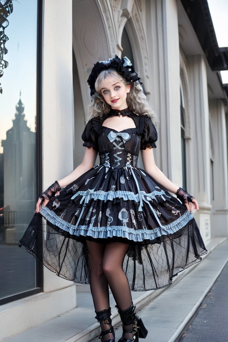 full body shot, beautiful happy young 17-year old girl model with gray long hair with abundant ringlet curls, and ringlets framing her face, she has light blue eyes, perfect pale skin and cute smile on her face. the girl is wearing a high fashion elaborate sexy style Lolita Dress in pinstripes dark reds, navy blues and blacks, high heel mary jane shoes, intricate goth patterns and design, cute intricate stockings, frilly, elaborate embroidery, lace, bows, buttons, high heeled boots. the girl has perfect manicured hands. the girl walking in an elaborate detailed elaborate candy store filled by many different types of candies and confections like lolipops, cotton candy, chocolates, full body shot ,(lolita)