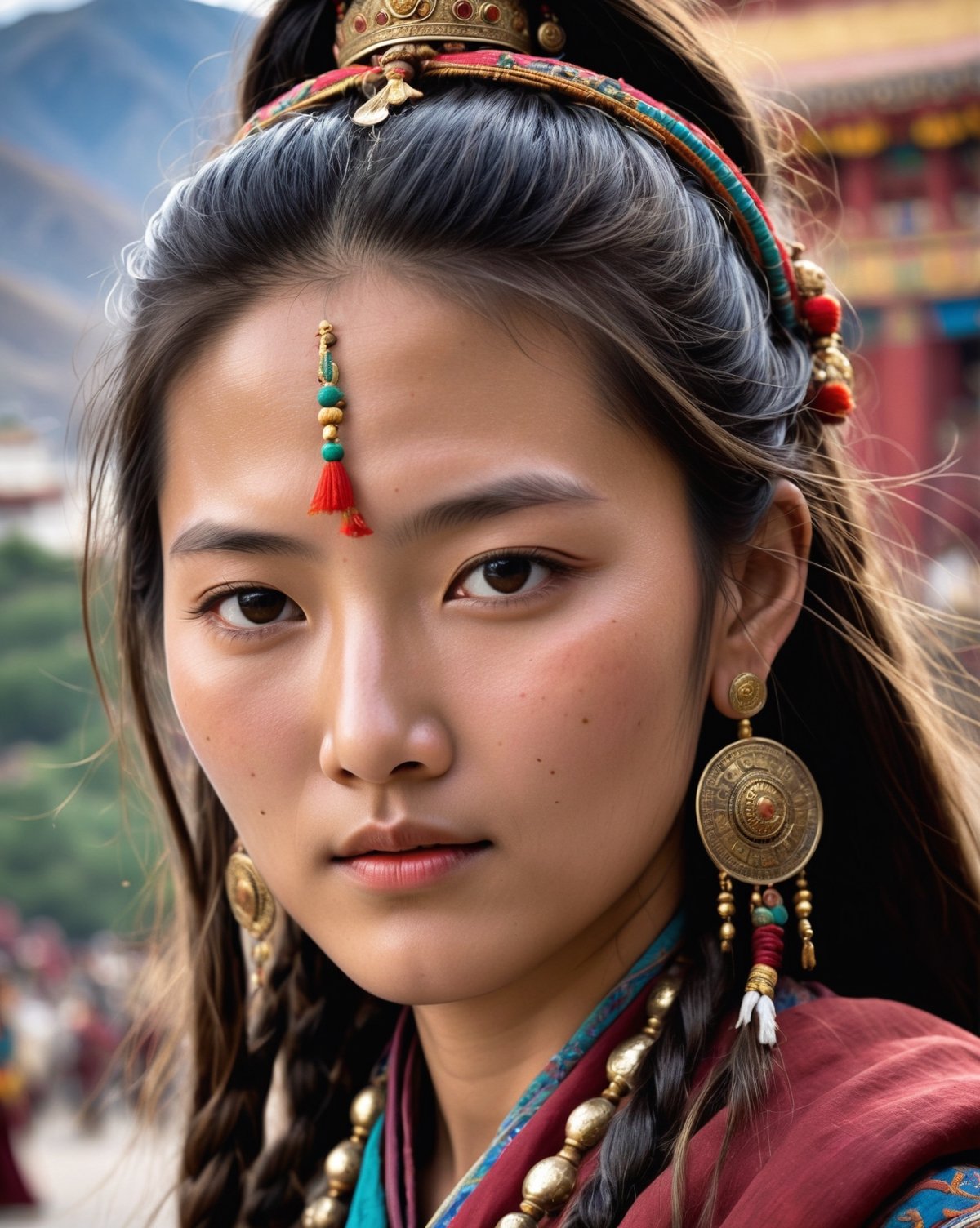 32k, large and very detailed eyes, ultra realistic details, beautiful mythic ancient tibetan woman, serene facial expression, elaborate very long braided hair, traditional tibetan clothes, floating, windy, messy hair, elaborate difficult, masterpiece, high quality, detailed cores, Potala Palace, Lhasa, China, shafts of light, breathtaking beauty, pure perfection, mystical, cinematographic, full body shot, full body shot,