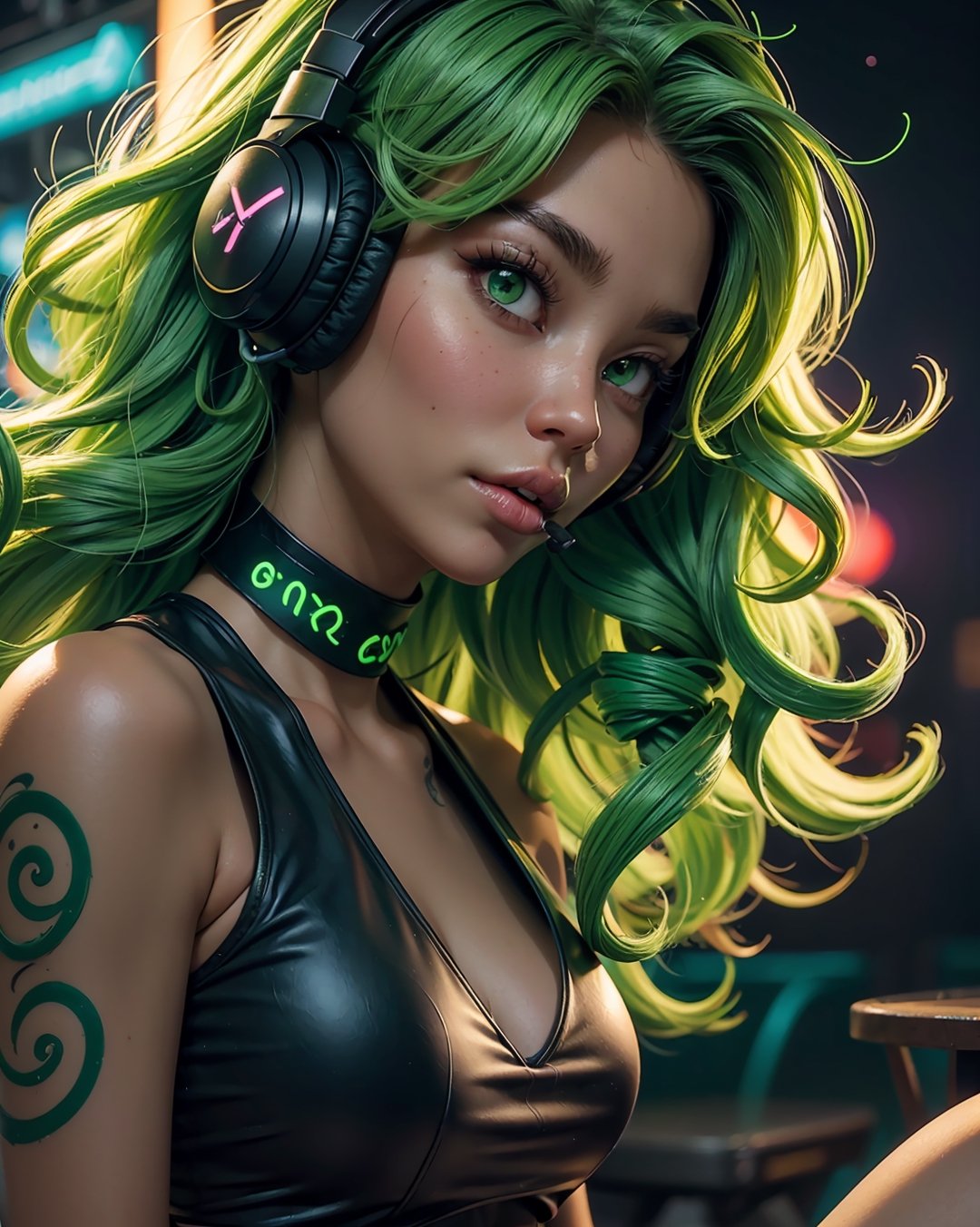 zoomed out, two girls, sitting in chair, symmetrical face, perfect realistic green eyes, (female hair made of fine multicolored neon, green curls:1.5), (long thin hair made of multicolored neon strands, wearing headphones, serene expression, enjoying music, realism, ultra high resolution, 8k, HDr, art, high detail, , art, detailed background night sky, full moon, starry sky, zoomed out