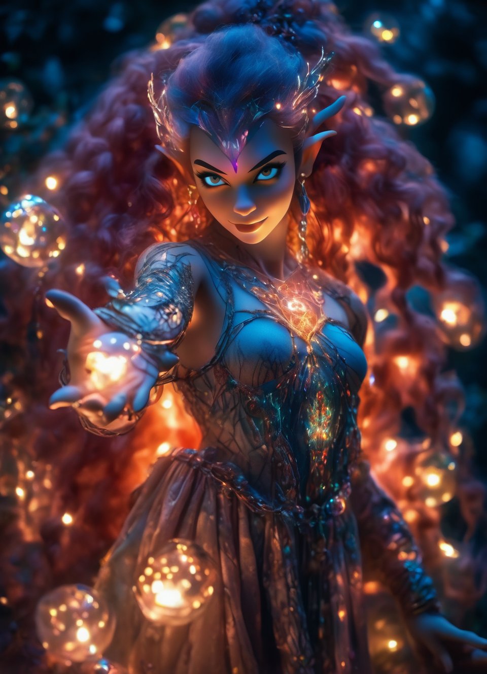 portrait dynamic pose, (sacred night and elf puppet),(ultra-fine HDR), extremely delicate and beautiful girl with translucent opalescent skin, closed mouth, glowing intricate round human detailed eyes, long vivid red hair, glowing tattoos on face, 