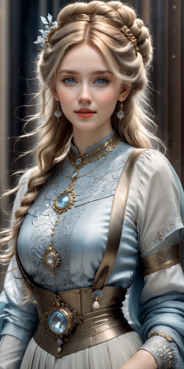 (8k 16k, RAW photo, best quality, master:1.2), (realistic, photo-realistic:1.37), ultra detailed, 1 nordic girl, solo, gorgeous and beautiful girl, light blond intricate braided hair, hair buns, ice blue eyes, realistic, looking at viewer, happy, smile, masterpiece, realistic photography, by Alphonse Mucha, by Wlop, ), (Exaggerated Perspectives), f/ 2.8, (Surrealist Style), Visionary Art, (Trending on artstation) intricate steampunk outfit, intricate jewelry, necklace, large earrings, looking at viewer, happy, smile, masterpiece, realistic photography, by Alphonse Mucha, by Wlop, ), (Exaggerated Perspectives), f/ 2.8, (Surrealist Style), Visionary Art, (Trending on artstation) intricate outfit, intricate jewelry, necklace, large dangle earrings, 