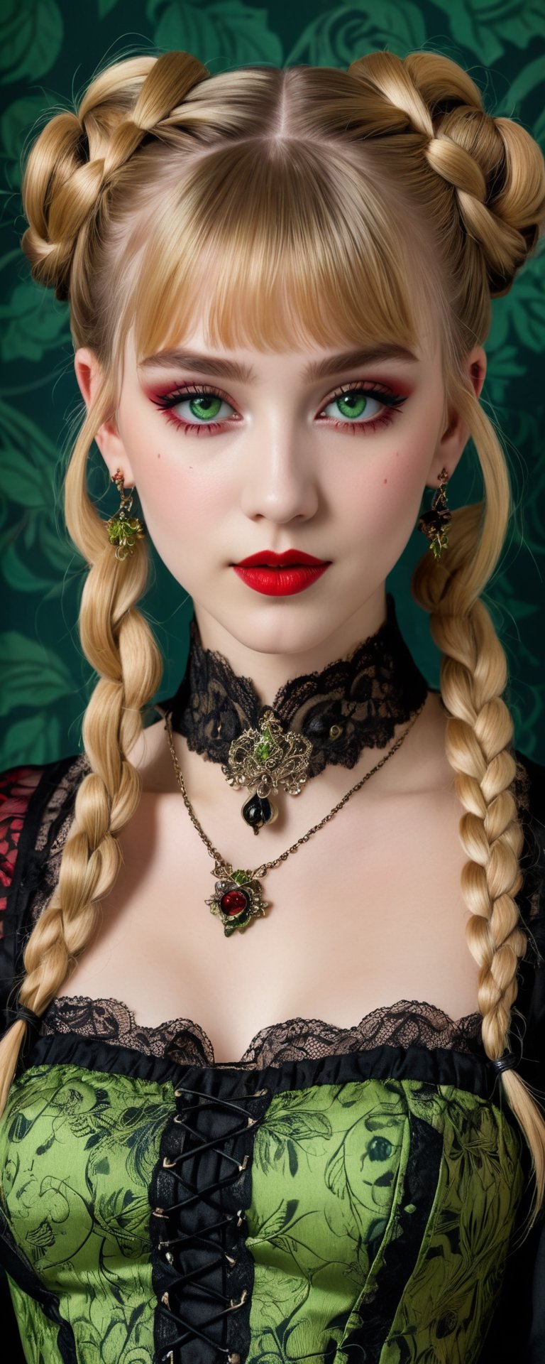 (best quality, masterpiece, ultra detailed, 8K, RAW photo), absurdres, a beautiful 17 year old vampire girl with vivid blond shiny braided hair with blunt bangs and braided hair buns, black roses in hair, ornate silk embrodiered with intricate patterns, big light green hyper realistic eyes, gothic eye make up, parted greasy full red lips, mischevious smile,intricate jewelry,necklace,earrings, tall lace boots, intricate william morris wallpaper background,  background,vibrant color, full body,