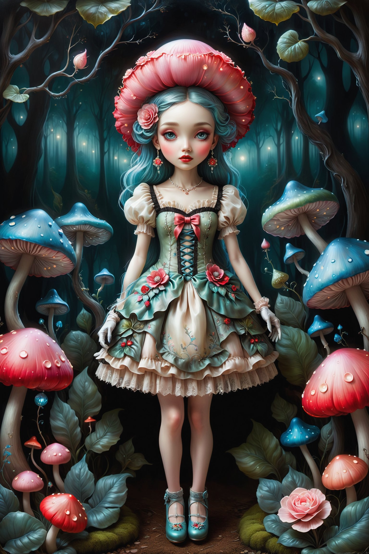 Cinematic full body shot of a beautiful young sweet gothic lolita woman in the artistic style of Nicoletta Ceccoli, Mark Ryden and Esao Andrews. minimalist style. sweet smile. bright blue eyes. long green hair. she is standing in a magical forest with beautiful trees, illuminated flowers, mushrooms, ferns, small glowing floating orbs in multiple colors. it is night time, full moon. dark sky outside of her window. she wears an elaborate gothic lolita dress in pink white red black colors. gloves on her hands. elaborate large earrings, feeling of exquisite beauty, whimsical dreams and magic. extremely detailed, (((perfect female anatomy))). extremely detailed, in the style of esao andrews, full body shot. head to toe shot. 