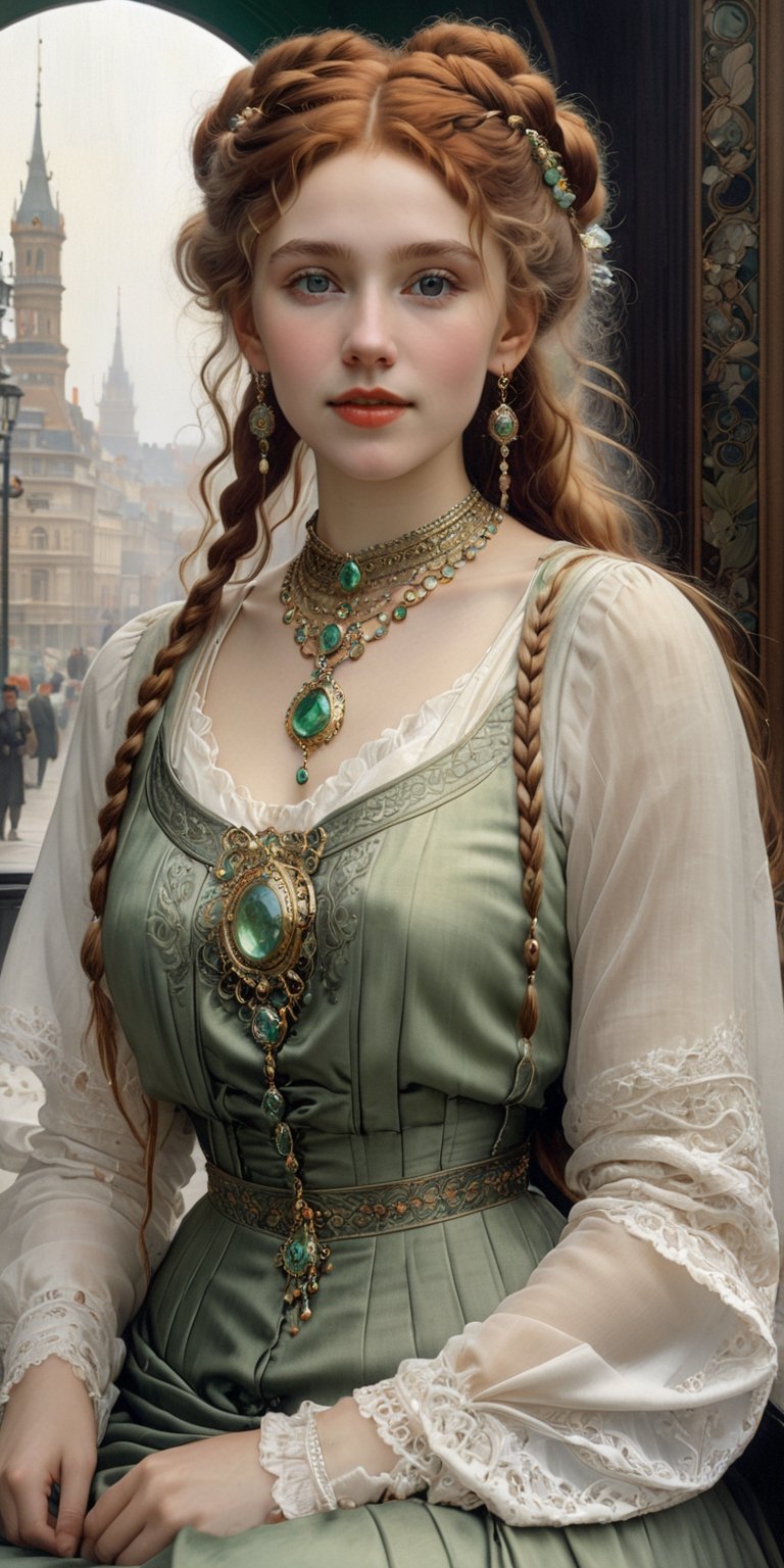 (8k 16k, RAW photo, best quality, master:1.2), (realistic, photo-realistic:1.37), ultra detailed, 1 irish girl, solo, gorgeous and beautiful girl, light red intricate braided hair with blond highlights, hair buns, light green eyes, realistic, looking at viewer, happy, smile, masterpiece, realistic photography, by Alphonse Mucha, by Wlop, ), (Exaggerated Perspectives), f/ 2.8, (Surrealist Style), Visionary Art, (Trending on artstation) intricate victorian outfit, intricate jewelry, necklace, large earrings, looking at viewer, happy, smile, masterpiece, realistic photography, by Alphonse Mucha, by Wlop, ), (Exaggerated Perspectives), f/ 2.8, (Surrealist Style), Visionary Art, (Trending on artstation) intricate outfit, intricate jewelry, necklace, large dangle earrings, 