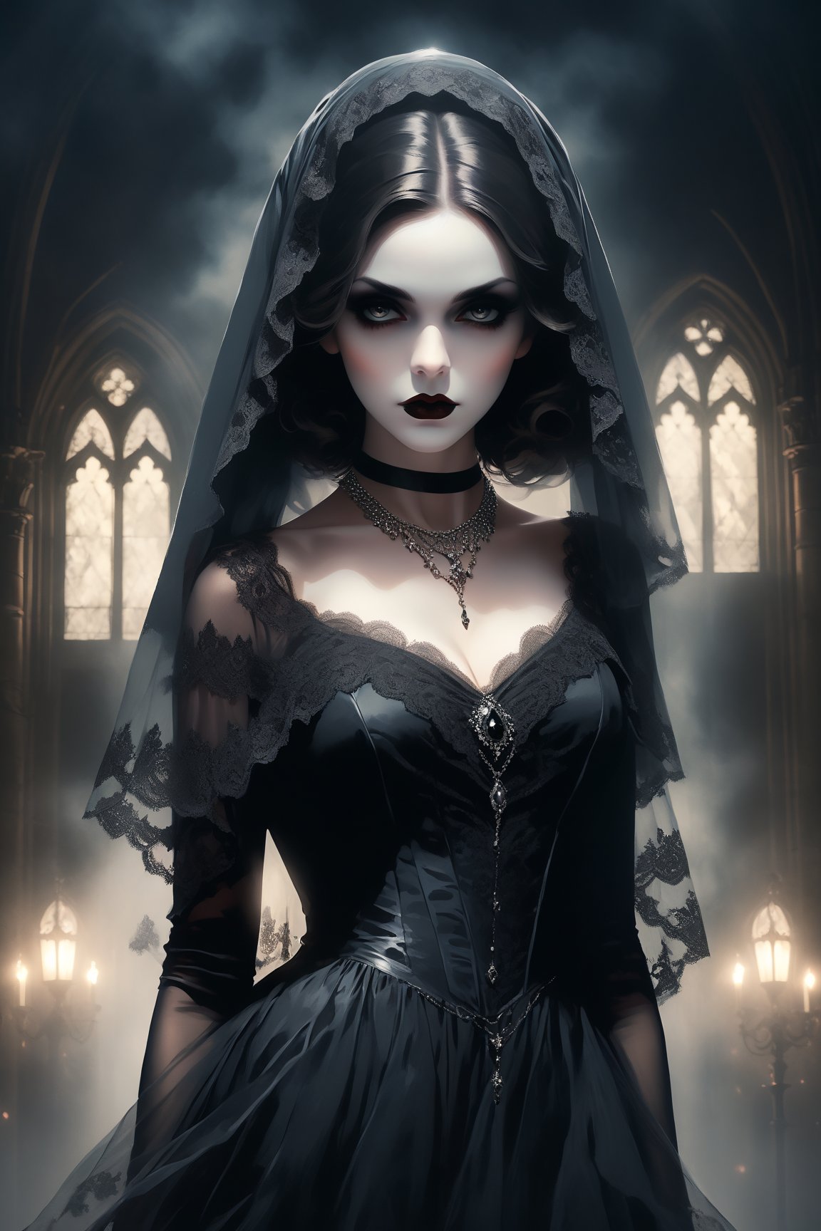 poster of a sexy [The image features a beautiful woman dressed in a long elaborate gown, resembling ghostly figure. She is wearing a black veil and a necklace, which adds to her eerie appearance. The woman's face is painted white, further enhancing the ghostly look. the detailed background is of a dark gothic mansion at night. The overall atmosphere of the image is mysterious and haunting.  very_high_resolution,  , designed by Ilya kuvshinov, aw0k nsfwfactory,  aw0k magnstyle,  danknis,    Anime,  IMGFIX