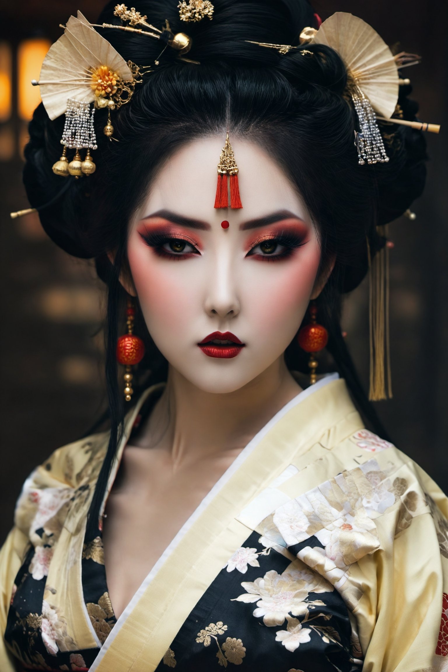 Highy detailed image, cinematic shot, (bright and intense:1.2), full body shot, dynamic pose, crisp, defined, HQ, detailed, HD, dynamic light & pose, motion, moody, intricate, 1girl, (((gothic geisha)) light yellow detailed eyes, elaborate intense geisha make-up, elaborate geisha hair with ornaments in hair, multiple piercings on ears, elaborate long dangle earrings, dark gothic geisha outfit, attractive, clear facial expression, perfect hands, emotional, hyperrealistic inspired by necronomicon art, fantasy horror art, photorealistic dark concept art, goth person, Extremely Realistic