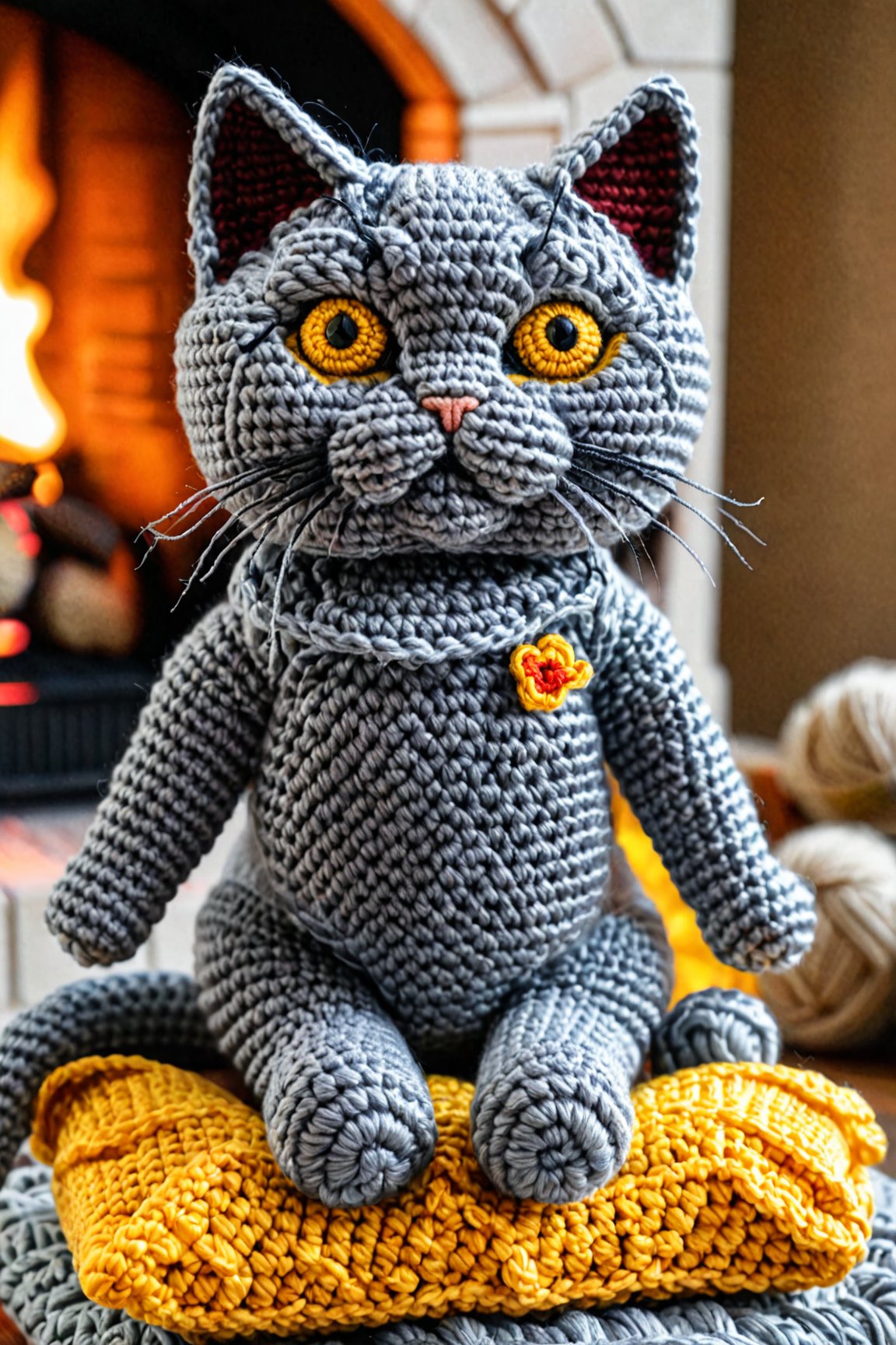 crocheted british blue grey shorthair cat toy cat yellow eyes, sitting in front of a fireplace on a puffy pillow. detailed textures, ultra sharp, crocheted