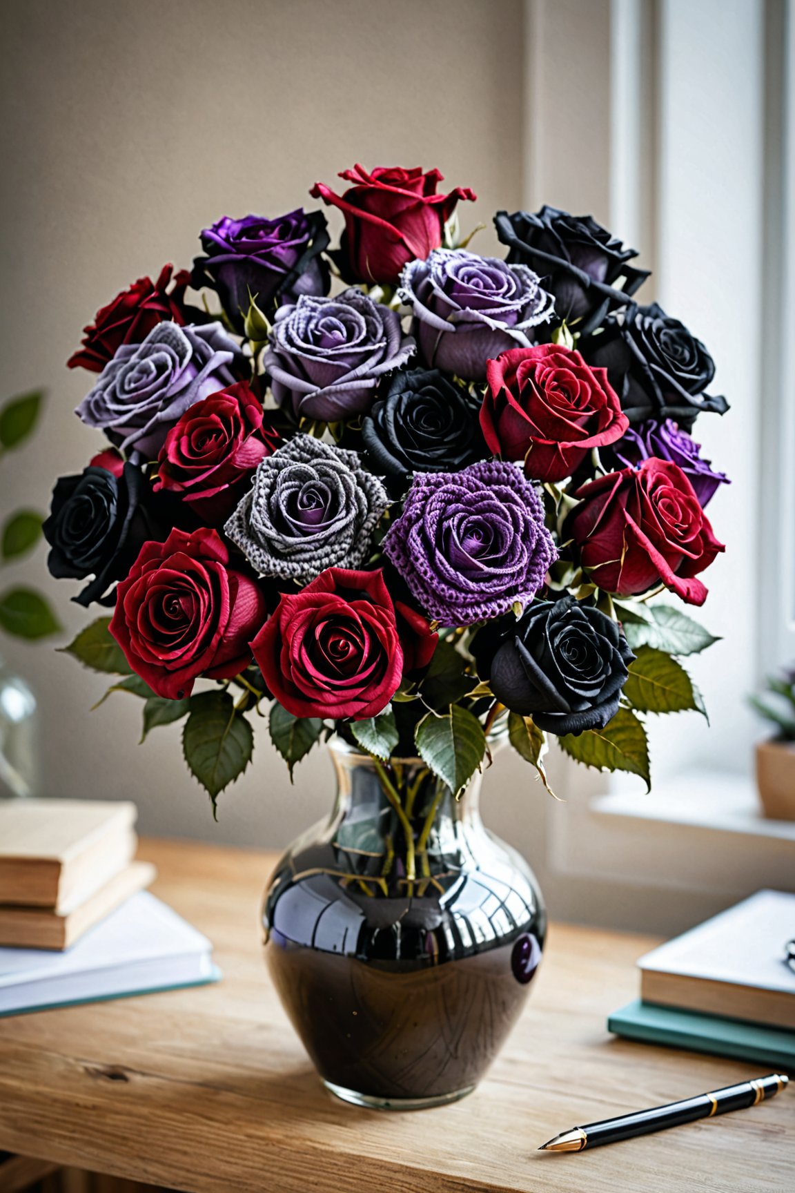 a beautiful boquet of red, purple, black roses in a vase,  sitting on a desk, detailed textures, ultra sharp, crocheted