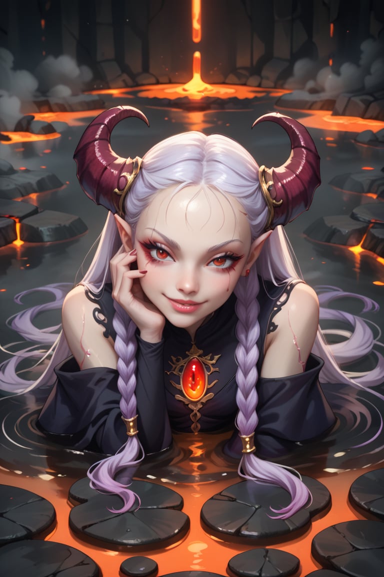 score_9, score_8_up, score_7_up, albino demon girl, looking at viewer, dark background, (submerged), floor, long dark purple hair in braids and buns, red eyes, through floor, (glowing eyes:0.4), fog, ((hand on floor, lava, head tilt)), leaning, skinny, (glaring:0.5), naughty face, mischevious wicked smile, very long sharp black fingernails, horns,  jewelry, chromatic aberration,