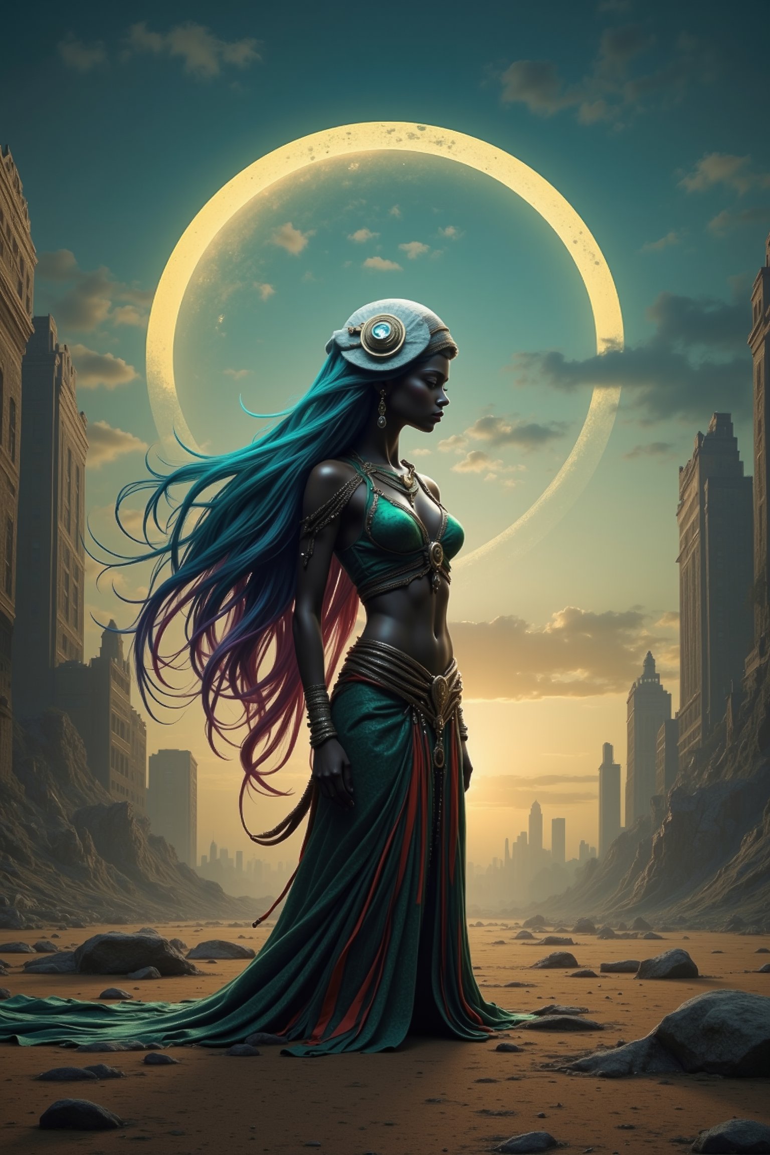 Create an alien female gypsy with an ornate landscape