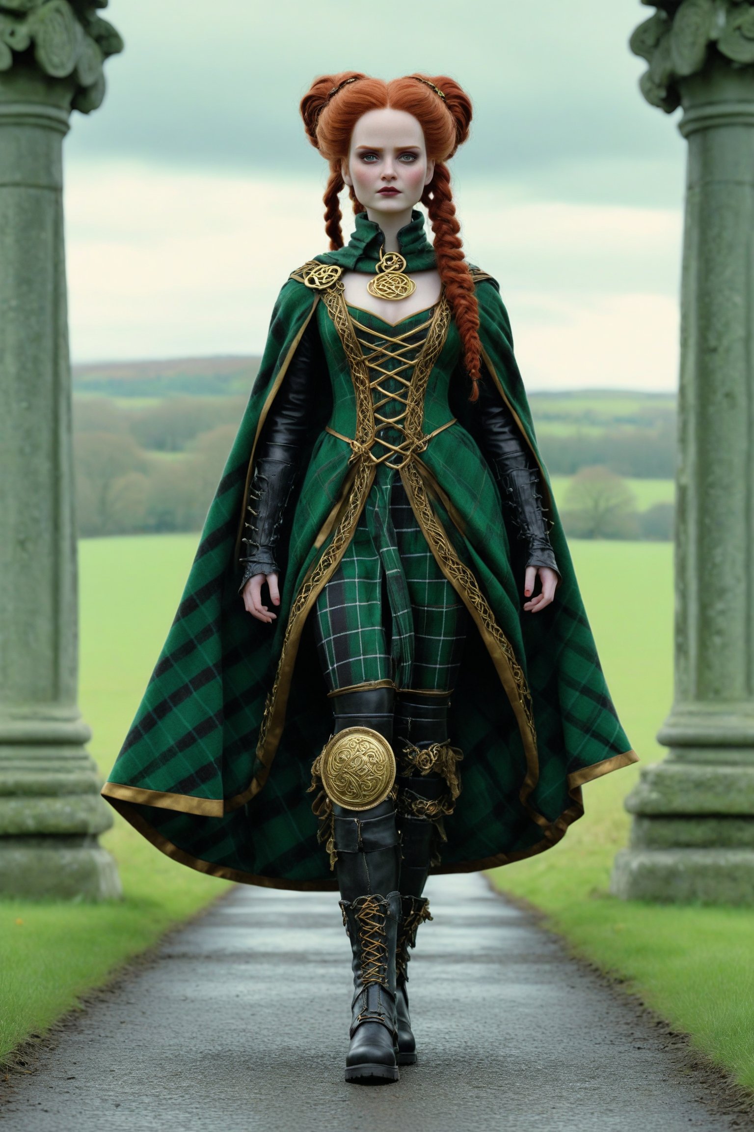 cinematic, dynamic pose 3/4 shot of Cartimandua, queen of the British Celtic Brigantes ad 51. a fusion of elaborate rococo, ancient english, english celtic gothic punk. she has long copper hair in elaborate braids and buns. she has round large big green eyes. light freckles on her face. she wears an elaborate ancient plaid dress in colors of ivory, red, green, black, elaborate gold torc aroundher neck, wool plaid cape fastened with a large gold celtic brooch. black leather boots. background outside at Swinton Druids Temple North Yorkshire, England perfect female anatomy, goth person, pastel goth, dal, Gaelic Pattern Style, cinematic, 3/4 shot dynamic pose. 3/4 shot, Cartimandua