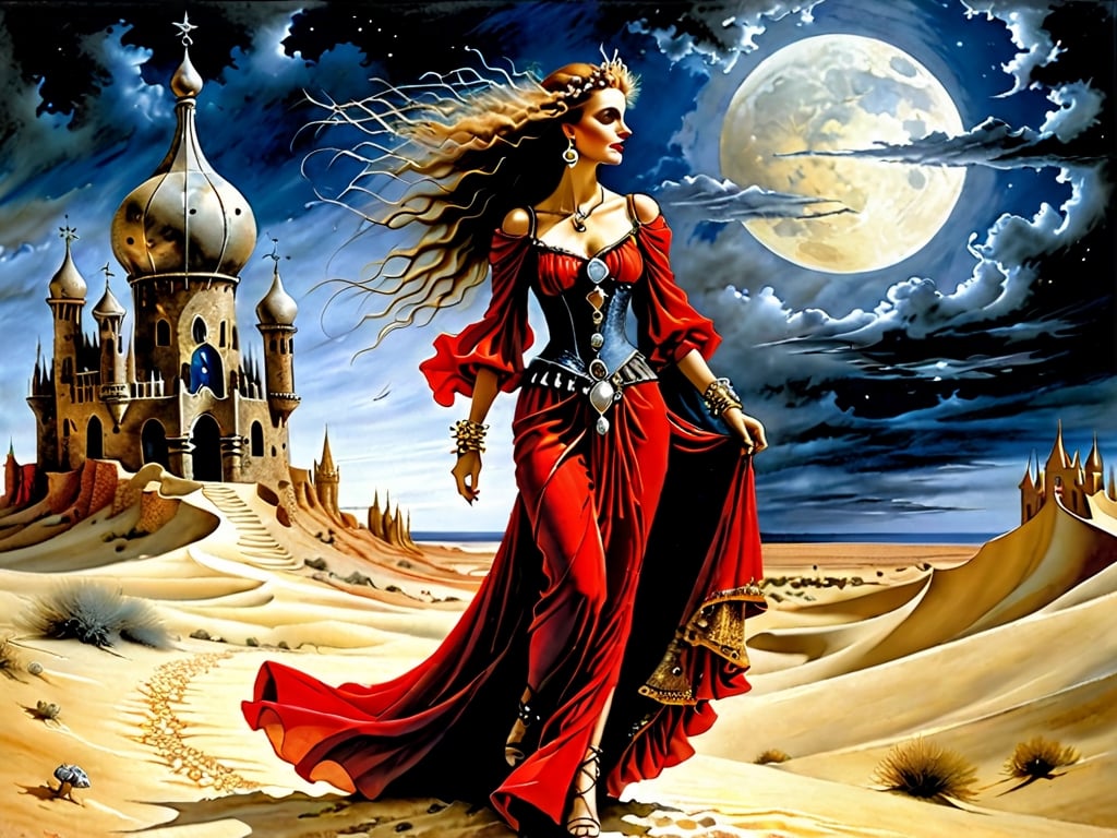 A beautiful royal gypsy magical woman walking through the desert. Painting by Luis Royo. surrealism. Machinarium. elaborate dress in colors of red, gold, royal blue, black. her tiny flying pet dragons are flying around the ornate large lantern she is carrying. the detailed background is of a vast desert, stormy sky, dark clouds, full moon, desert fortress in the distance, Samorost and Gaudi. Remedios Varo. Modern style. Surrealism. elaborate earrings, necklaces, chain belts, bracelets on both wrists, ,realistic,Detailedface,amazing quality