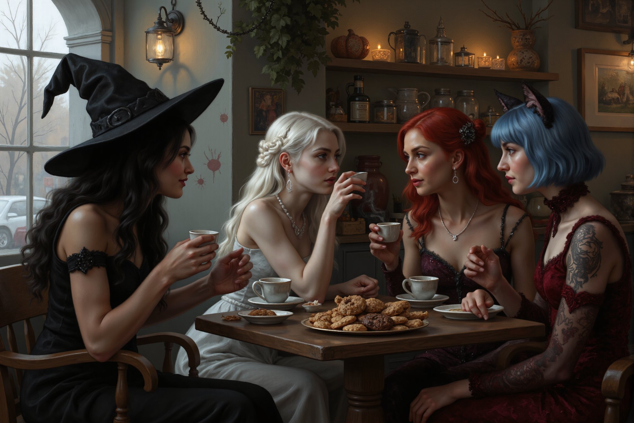 a beautiful young female witch with long curly black hair, pointy witch cap, witch outfit, beautiful young ghostly woman with white hair, the whitest pale skin, white dress, beautiful female vampire with vivid red hair wearing, big red lips wearing a red victorian inspired velvet dress, and beautiful cat woman, with cat ears and short blunt cut blue hair with bangs wearing a skin tight leather body suit are sitting in a halloween inspired decorated coffee shop drinking coffee, tea and having a variety of halloween decorated cookies, with each other smiling and talking. perfect anatomy, perfect hands, perfect faces.