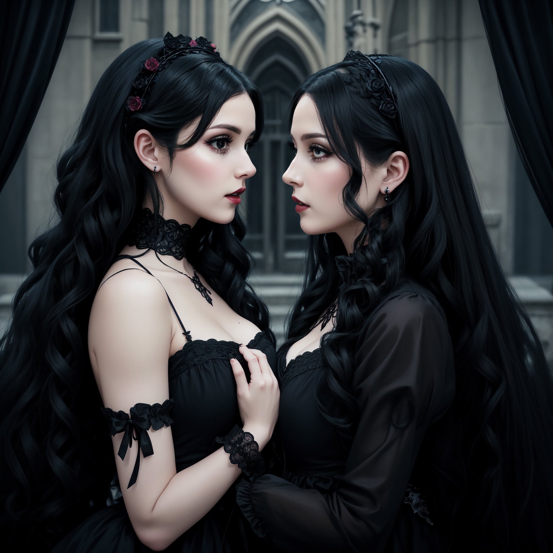 vampire couple, two women lovers gothic, side by side, looking at each other, in each others eyes passionately. one girl with long curly blue hair, blue elaborate gothic lolita outfit, one girl with long curly black hair in a black elaborate lolita gothic outfit, embracing each other, horror, dark romantism, raw concept art, masterpiece illustration