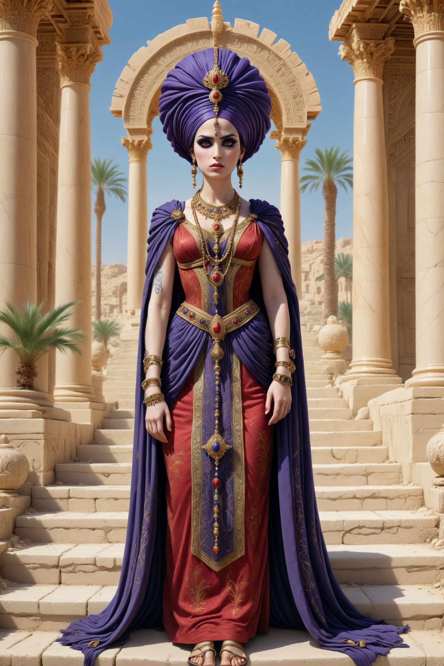 Cinematic scene - long shot, full body shot of Septimia Zenobia, a beautiful syrian queen in palmyra Syria in the third century c.e in a fusion of elaborate rococo, persian middle eastern parthian style and Greco-Roman and gothic punk. she has jet black hair. she has round large big eyes, she wears an elaborate middle eastern parthian style and Greco-Roman inspired royal gown in rich vibrant colors of red, purple, white gold, and black. she wears a turban, head ornament, crown and long shawl and an ancient syrian queen's head dress. elaborate earrings, necklaces and wrist cuffs made out of gold, lapis lazuli, amethyst. roman sandals on her feet. she walks down the steps in front of a luxurious temple, the detailed background is of a magnificent temple with painted columns. tall and small palm trees, statues, in the desert in the 3rd century a.d. perfect female anatomy, goth person, pastel goth, dal, Gaelic Pattern Style, full body shot, Cinematic scene - long shot