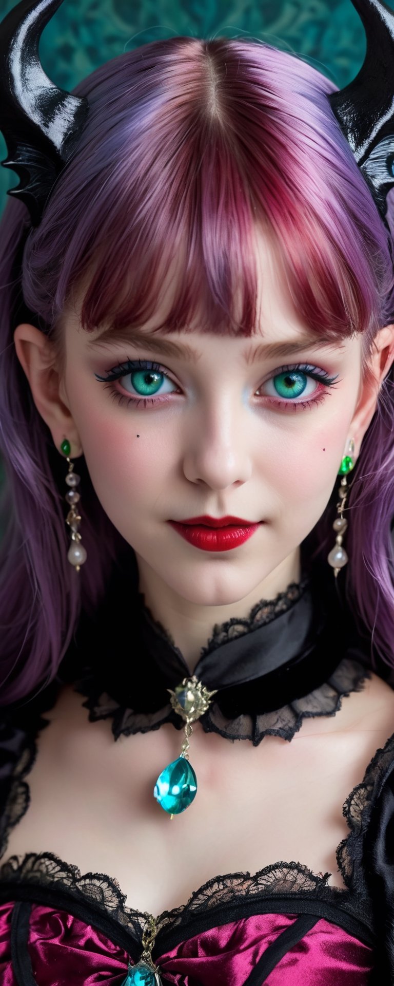 (best quality, masterpiece, ultra detailed, 8K, RAW photo), absurdres, a beautiful 17 year old vampire girl holding a small grey striped kitten with piercing green cat eyes, vivid purple shiny hair with blunt bangs, devil horns on head, bat wings on back, velvet elaborate outfit, big ice blue hyper realistic eyes,parted greasy red lips, mischevious smile,intricate jewelry,necklace,earrings, intricate william morris wallpaper background,  background,vibrant color, 