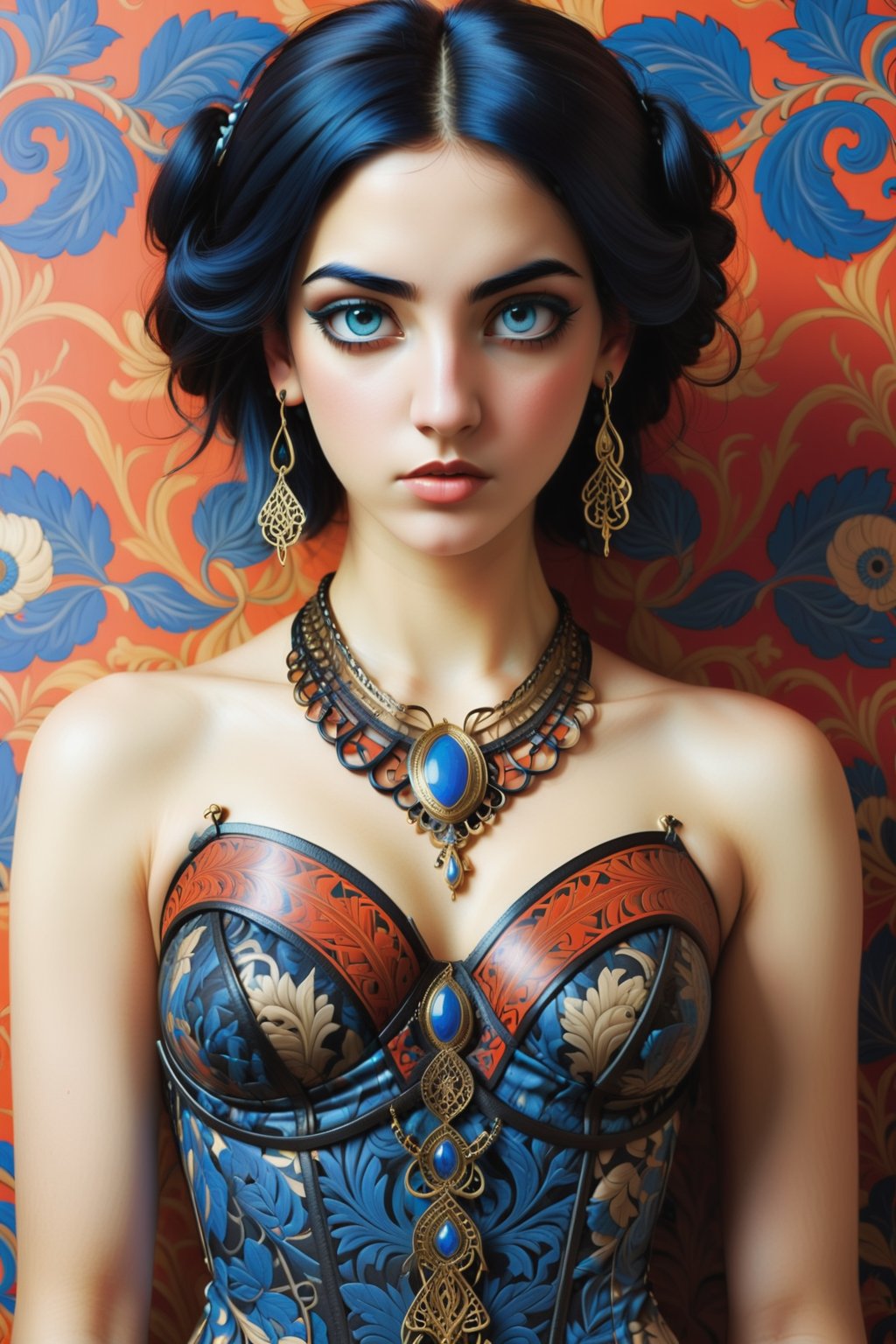 combine all of the below to make a beautiful greek young woman, wearing an elaborate ancient greek inspired necklace, jewelry, long dangle earrings, sexy intricate greek corset, hayv kahraman style, background of vivid colorful intricate william morris wallpaper