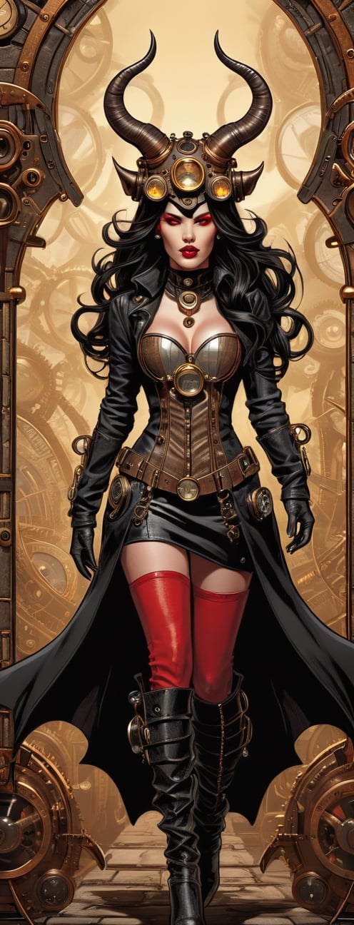 masterpiece, ultra k resolution, female Purgatori comic book character female demon, horns red skin color, black long hair wears steampunk, steampunk style, concept, full body, detailed steampunk background