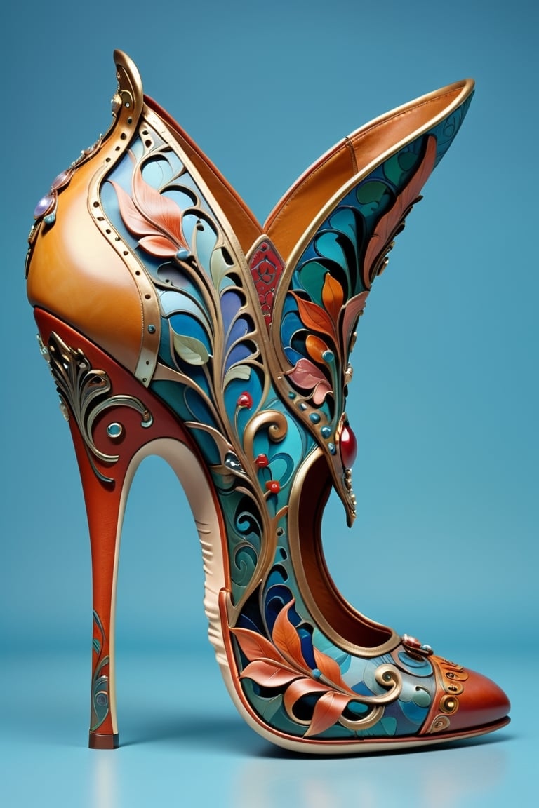 digital art, 8k, picture of a high heel woman's shoe, the shoe is inspired by art nouveau, whimsical, shoe made of leather, side view of shoe beautiful, highly detailed, whimsical, fantasy, ,more detail XL