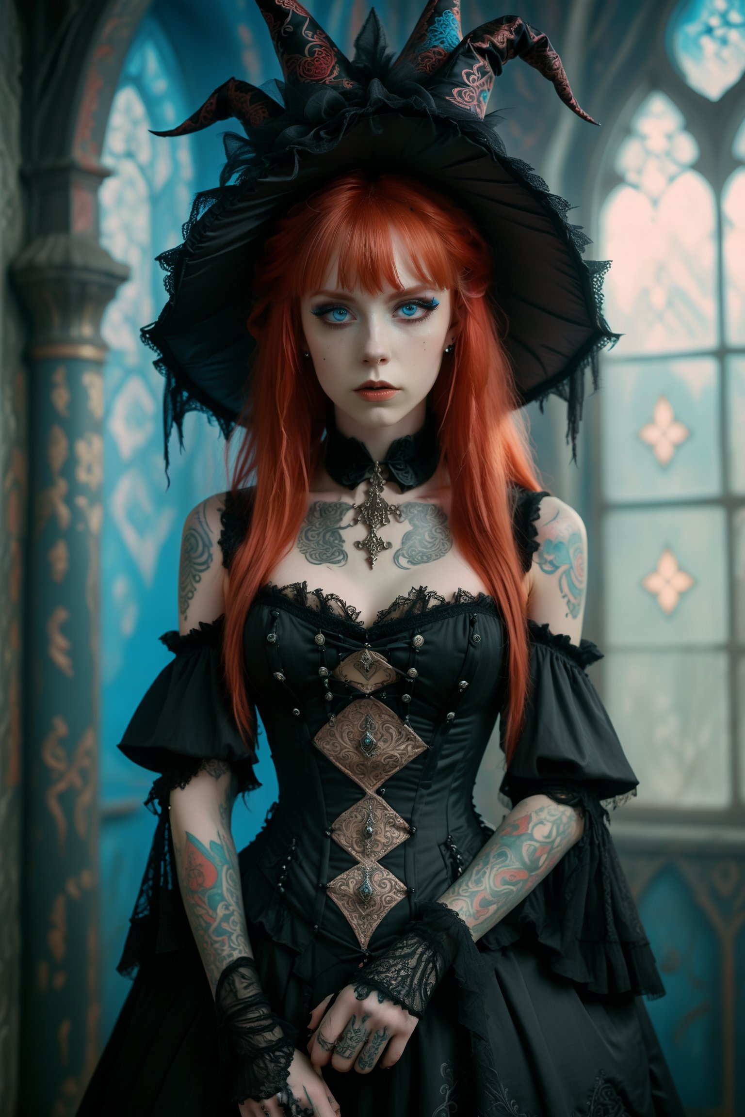 1girl,solo,full body shot of a victorian princess, in victorian inspired witch Lolita fashion. gown, pointy witch hat, pastel colors sleeveless elaborate rococo corset-style bodice. extremely long vivid red hair and bangs. Large expressive blue eyes, pale skin, symmetrical black intricate celtic tattoos on both shoulders and arms, Opulent witch lair backdrop with arched windows, silk curtains. Soft, dreamy lighting. Blend of kawaii, gothic, royal, and Arabian Nights aesthetics