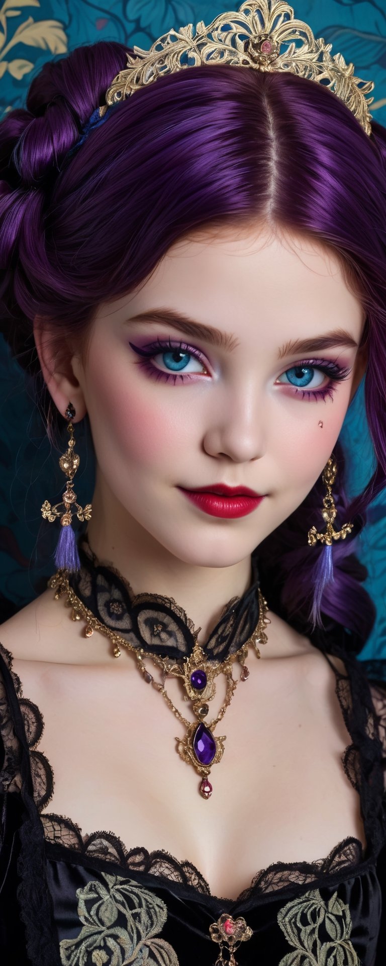 (best quality, masterpiece, ultra detailed, 8K, RAW photo), absurdres, a beautiful 17 year old vampire girl with thick layered shoulder length vivid shiny purple hair framing the face, small velvet ribbons and roses in hair ornate velvet outfit embroidered with intricate patterns and lace accents, big light blue hyper realistic eyes, perfect light skin, gothic eye make up, parted greasy full red lips, mischevious smile,intricate jewelry,necklace,earrings, intricate william morris wallpaper background,  background,vibrant color, full torso,