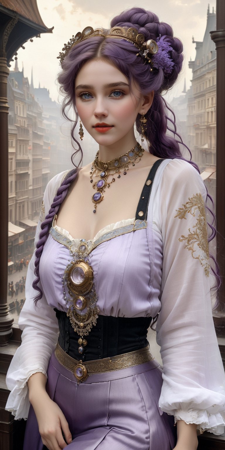 (8k 16k, RAW photo, best quality, master:1.2), (realistic, photo-realistic:1.37), ultra detailed, 1 nordic girl, solo, gorgeous and beautiful girl, purple intricate braided hair, hair buns, light purple eyes, realistic, looking at viewer, happy, smile, masterpiece, realistic photography, by Alphonse Mucha, by Wlop, ), (Exaggerated Perspectives), f/ 2.8, (Surrealist Style), Visionary Art, (Trending on artstation) intricate steampunk outfit, intricate jewelry, necklace, large earrings, looking at viewer, happy, smile, masterpiece, realistic photography, by Alphonse Mucha, by Wlop, ), (Exaggerated Perspectives), f/ 2.8, (Surrealist Style), Visionary Art, (Trending on artstation) intricate outfit, intricate jewelry, necklace, large dangle earrings, 