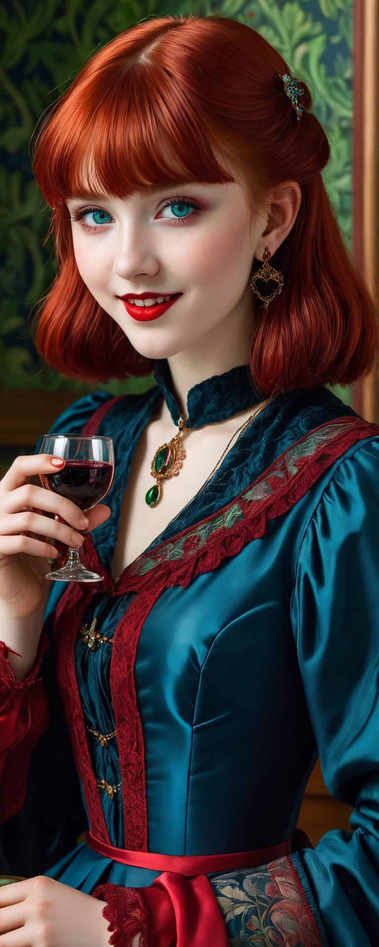 (best quality, masterpiece, ultra detailed, 8K, RAW photo), absurdres, a beautiful 17 year old vampire girl holding a glass chalace with red blood, vivid red shiny hair with blunt bangs, Prussian blue outfit, big green hyper realistic eyes,parted greasy red lips, michevious smile,intricate jewelry,necklace,earrings, intricate william morris wallpaper background,  background,vibrant color, 