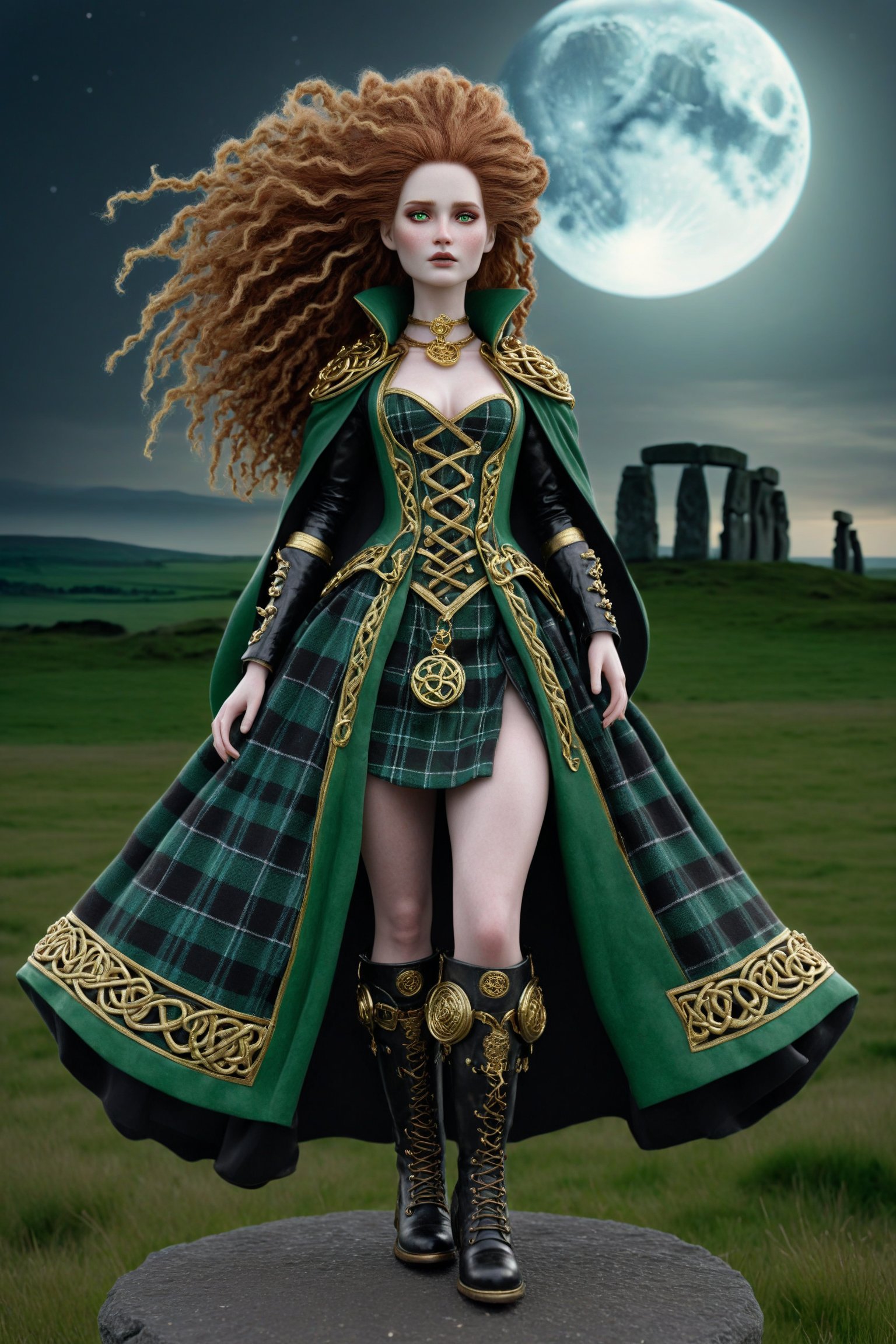 cinematic, dynamic pose 3/4 shot of Cartimandua, queen of the British Celtic Brigantes ad 51. a fusion of elaborate rococo, ancient english, english celtic gothic punk. she has very long copper curly big hair. she has round large big green eyes. light freckles on her face. she wears an elaborate ancient plaid dress in colors of ivory, red, gold, black, elaborate gold torc aroundher neck, wool plaid cape fastened with a large gold celtic brooch. black leather boots. background outside at stonehenge at night full moon, England perfect female anatomy, goth person, pastel goth, dal, Gaelic Pattern Style, cinematic, 3/4 shot dynamic pose. 3/4 shot, Cartimandua