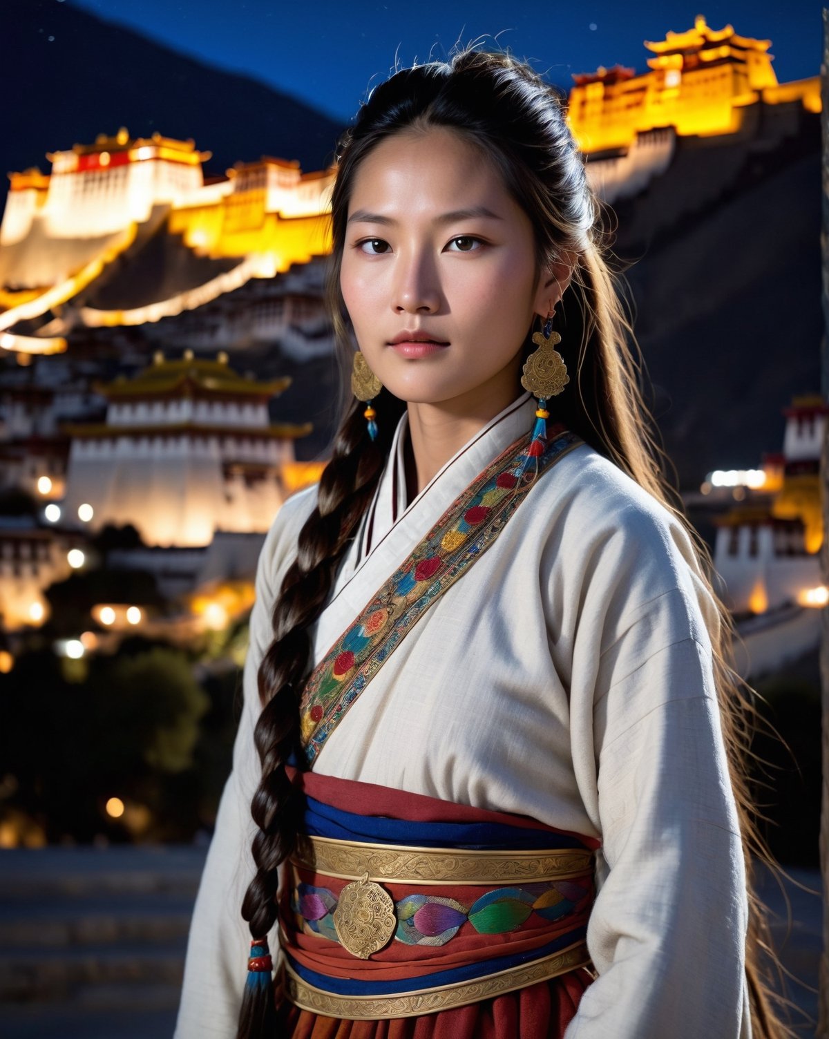 32k, large and very detailed eyes, ultra realistic details, beautiful mythic ancient tibetan woman, serene facial expression, elaborate very long braided hair, traditional tibetan clothes, floating, windy, messy hair, elaborate difficult, masterpiece, high quality, detailed cores, Potala Palace, Lhasa, China, in background, night sky, starry sky, shafts of light, breathtaking beauty, pure perfection, mystical, cinematographic, full body shot, full body shot,