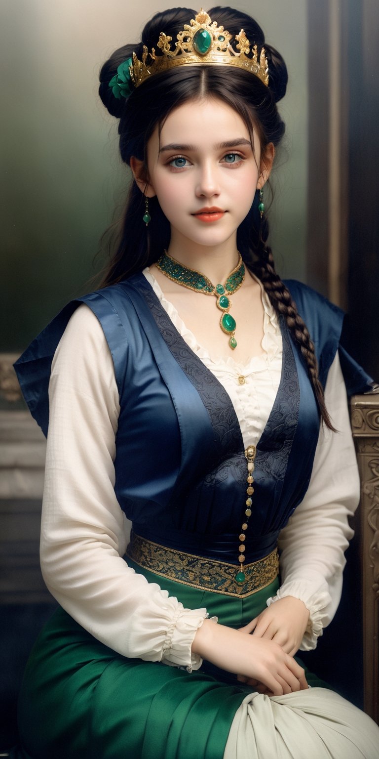 (8k 16k, RAW photo, best quality, master:1.2), (realistic, photo-realistic:1.37), upper body, portrait, ultra detailed, 1girl,solo, french girl, rich dark blue hair, hair buns, hair braids, intricate crown on head, big green eyes, realistic, looking at viewer, happy, smile, masterpiece, realistic photography, by Alphonse Mucha, by Wlop, ), (Exaggerated Perspectives), f/ 2.8, (Surrealist Style), Visionary Art, (Trending on artstation) intricate outfit, intricate jewelry, necklace, large dangle earrings, 