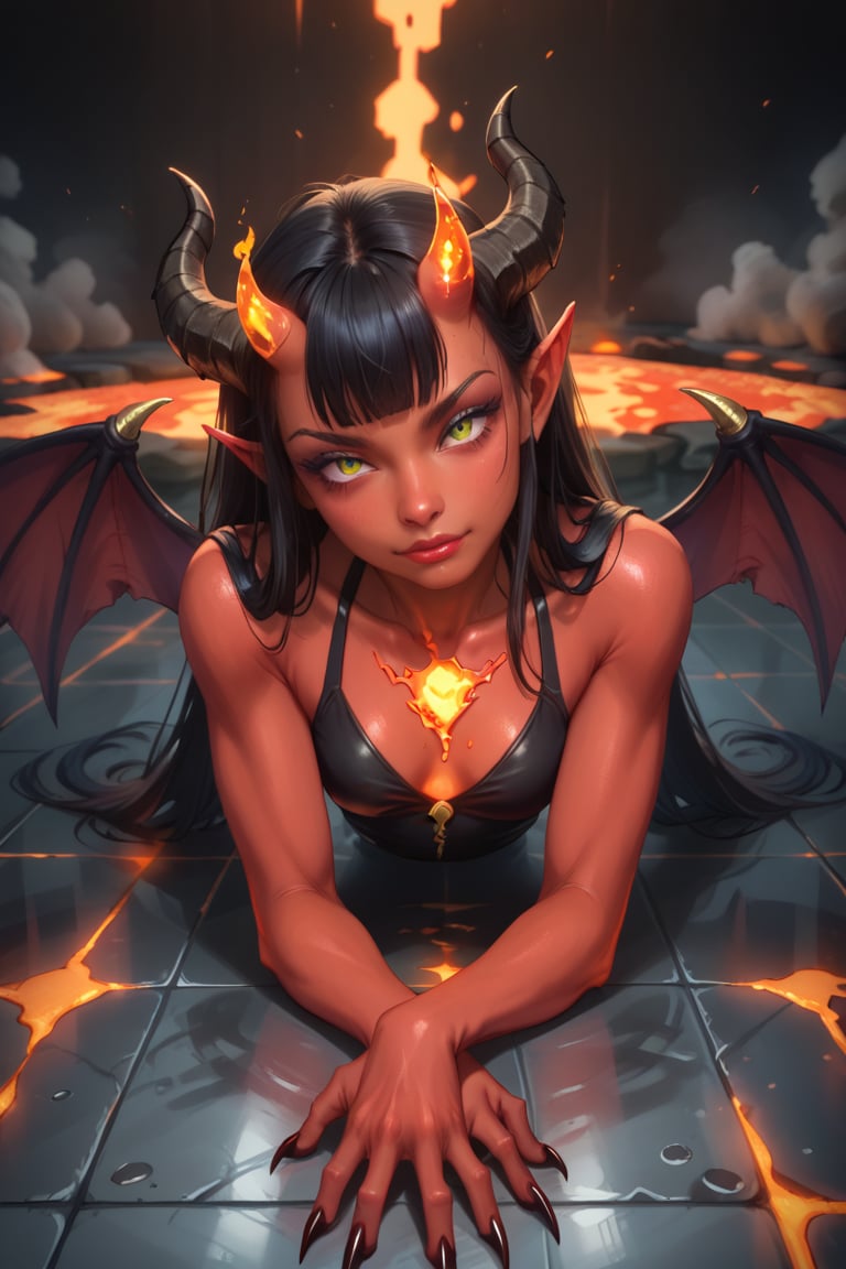 score_9, score_8_up, score_7_up, demon girl, looking at viewer, red skin, devil wings, dark background, (submerged in boiling lava), floor, curly long jet black hair, fringe, bangs, yellow eyes, through floor, (glowing eyes:0.4), fog, steam rising, ((hand on floor, hot thick glowing lava, head tilt)), leaning, skinny, (glaring:0.5), naughty faces, mischevious wicked smiles, horns, long sharp claws, jewelry, chromatic aberration, 