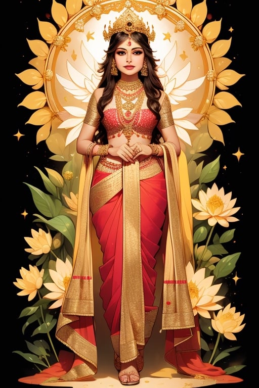 full body shot, Lakshmi is a Hindu goddess of prosperity and wealth, elaborate and intricate indian female costume in colors of red and gold, she is wearing elaborate gold necklaces earrings rings on her fingers and bangles on her arms, gold nose ring, serene beautiful face, Lakshmi is surrounded by lotus flowers, she is glowing, illuminated, a holy goddess, with an elaborate gold crown, detailed background of the heavens, clouds stars, ,Detailedface,1girl,Masterpiece,Saree, full body,realhands,Indian,1 girl
