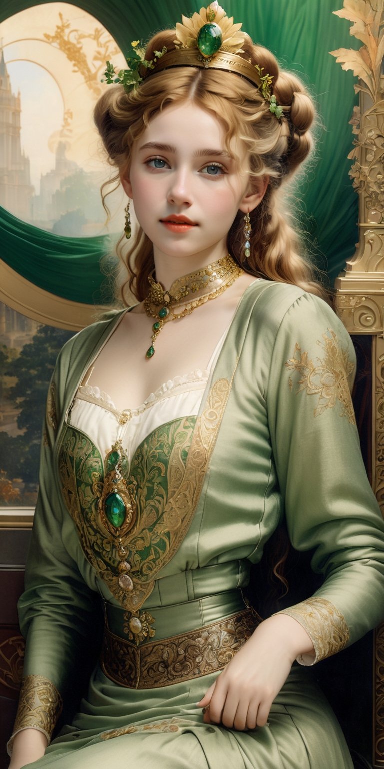 (8k 16k, RAW photo, best quality, master:1.2), (realistic, photo-realistic:1.37), ultra detailed, 1girl,solo, french girl, rich gold hair, hair buns, hair braids, intricate crown on head, big green eyes, realistic, looking at viewer, happy, smile, masterpiece, realistic photography, by Alphonse Mucha, by Wlop, ), (Exaggerated Perspectives), f/ 2.8, (Surrealist Style), Visionary Art, (Trending on artstation) intricate outfit, intricate jewelry, necklace, large dangle earrings, victorian boots