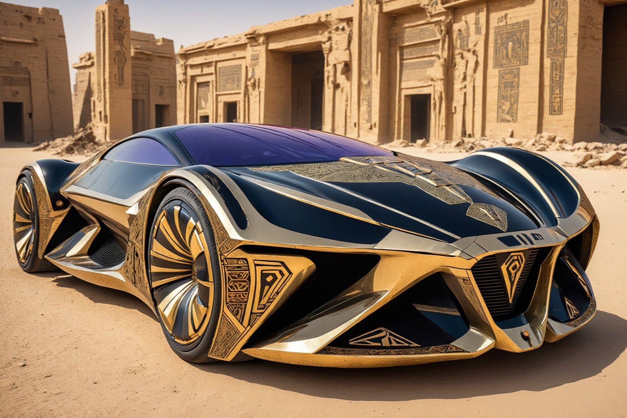 futuristic cyberpunk supercar, decorated with egyptian motifs, gold shiny metallic paint, car hood and hub caps embellished by precious jewels, jewelled intricate heiroglyphics and egyptian symbols etched on car in a symmetrical pattern, hood and doors of car, car parked on a deserted post apocalyptic abandoned city street in the full sun, exude a high-budget, epic atmosphere, with a sharp focus on the sleek, smooth lines of the car, which should be highly detailed and rendered in 4K HDR quality for stunning clarity and color depth. The mood is moody and gorgeous, with a deep depth of field to highlight the car, beautiful futuristic cyberpunk egyptian cleopatra woman standing next to the car with a serene expression on her face.