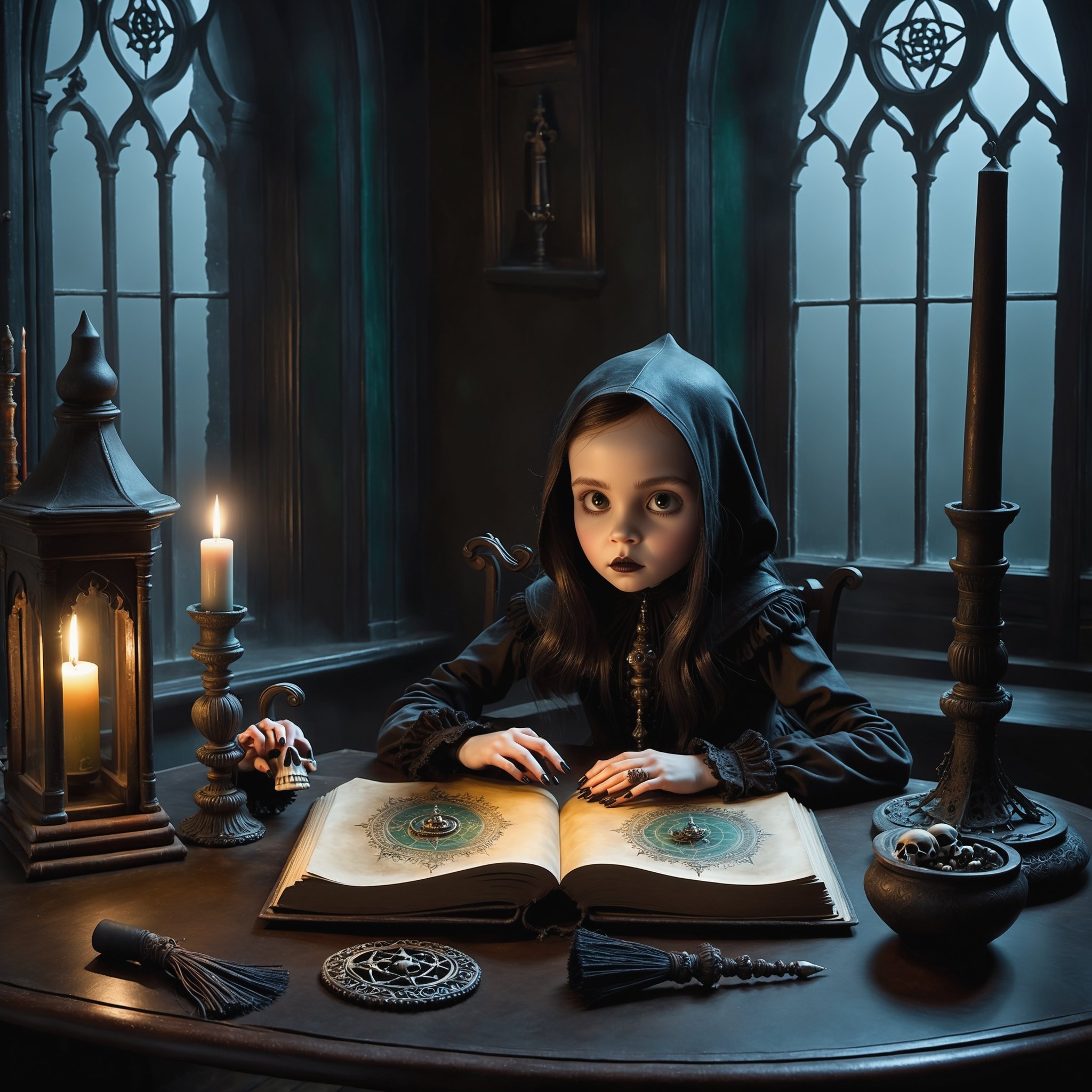 Cinematic shot, long shot, a gothic small girl in her gothic room sitting at a desk with a large leather old spellbook, in the style Nicoletta Ceccoli, Mark Ryden and Esao Andrews. minimalist style. a detailed elaborate gothic bedroom with william morris gothic scary wallpaper, velvet curtains, cluttered with creepy cat, monster ghost paintings, dolls, colorful potion bottles, magic circle on floor, ancient leather spellbooks, candelabra, skulls, witch brooms, healing crystals. creepy cat. night time. dark outside. full moon visible through large window. (((perfect female hands))) (((perfect fingers))) (((manicured painted long fingernails))),DonMD34thM4g1cXL