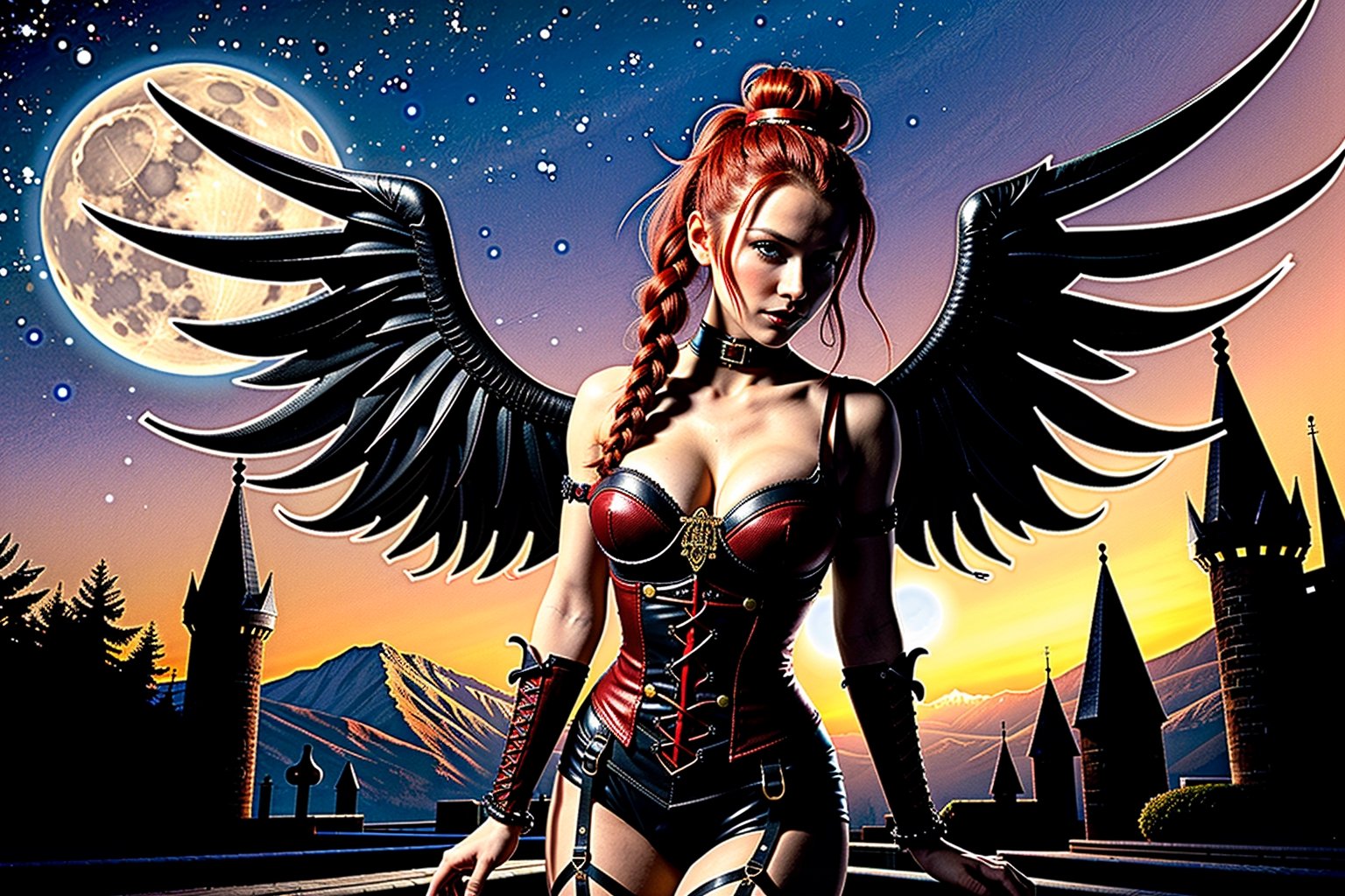 High definition vivid masterpiece, a beautiful vampire woman with red hair, elaborate braids, hair buns, messy hair, blowing hair, red glowing big detailed eyes, large tattered devil wings, realistic, steampunk, night time, in front of a gothic castle, gravestones, full moon, starry sky, dreamy, fantasy, mythical, magical, steampunk mechanical glowing full moon, light shafts, detailed background, boots, full body,horror,Makeup,Masterpiece, full body