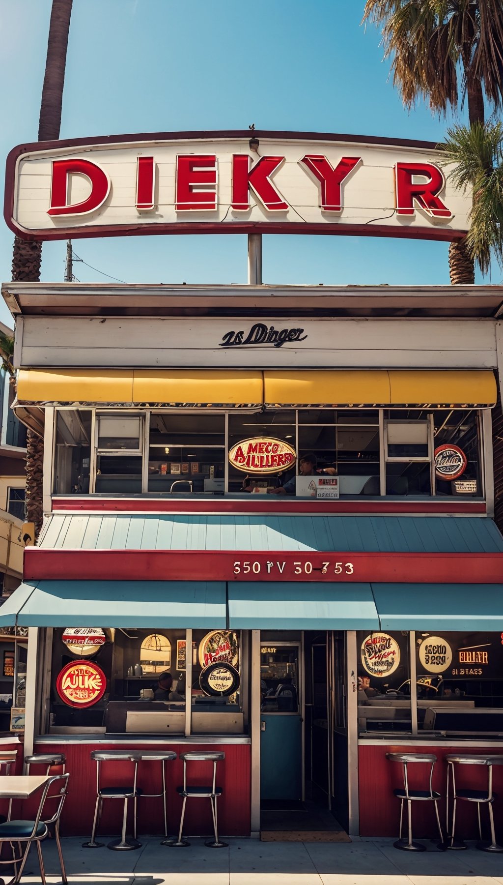 1950's era diner at a classic los angeles 1950's busy american diner, looking down the length of the diner from the entrance, background of diner with families eating at the booths and food on the tables, old jukebox, vintage posters on the walls, bright sunny day, sun shining through the windows,realistic full shot