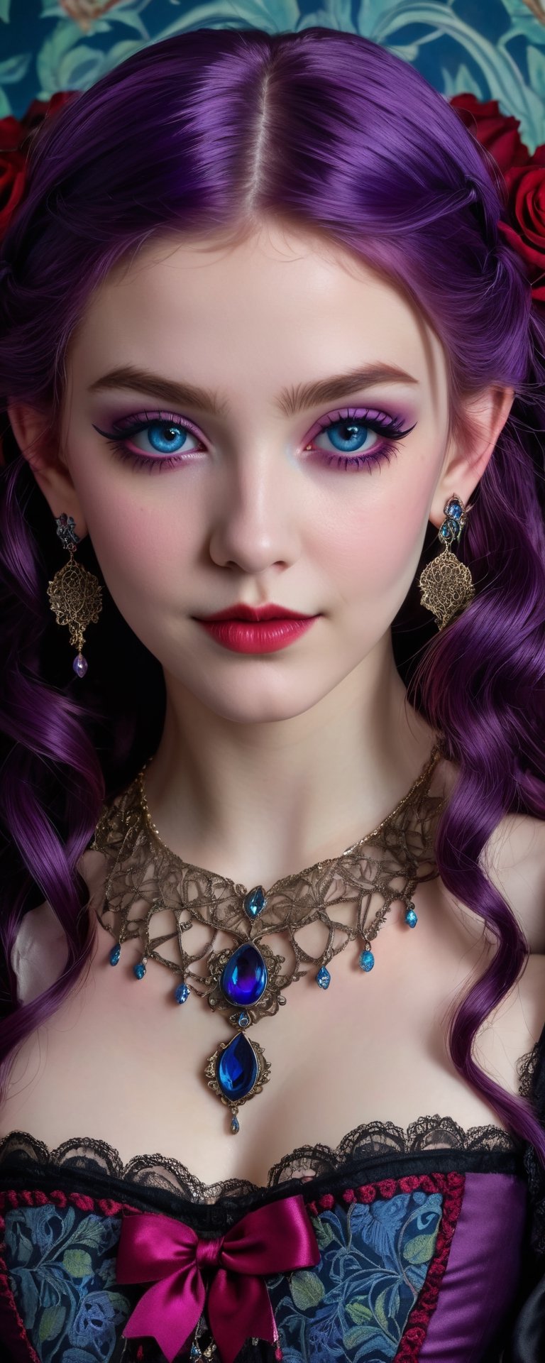 (best quality, masterpiece, ultra detailed, 8K, RAW photo), absurdres, a beautiful 17 year old vampire girl with thick layered shoulder length vivid shiny purple hair framing the face, small velvet ribbons and roses in hair ornate velvet outfit embroidered with intricate patterns and lace accents, big light blue hyper realistic eyes, perfect light skin, gothic eye make up, parted greasy full red lips, mischevious smile,intricate jewelry,necklace,earrings, intricate william morris wallpaper background,  background,vibrant color, full torso,