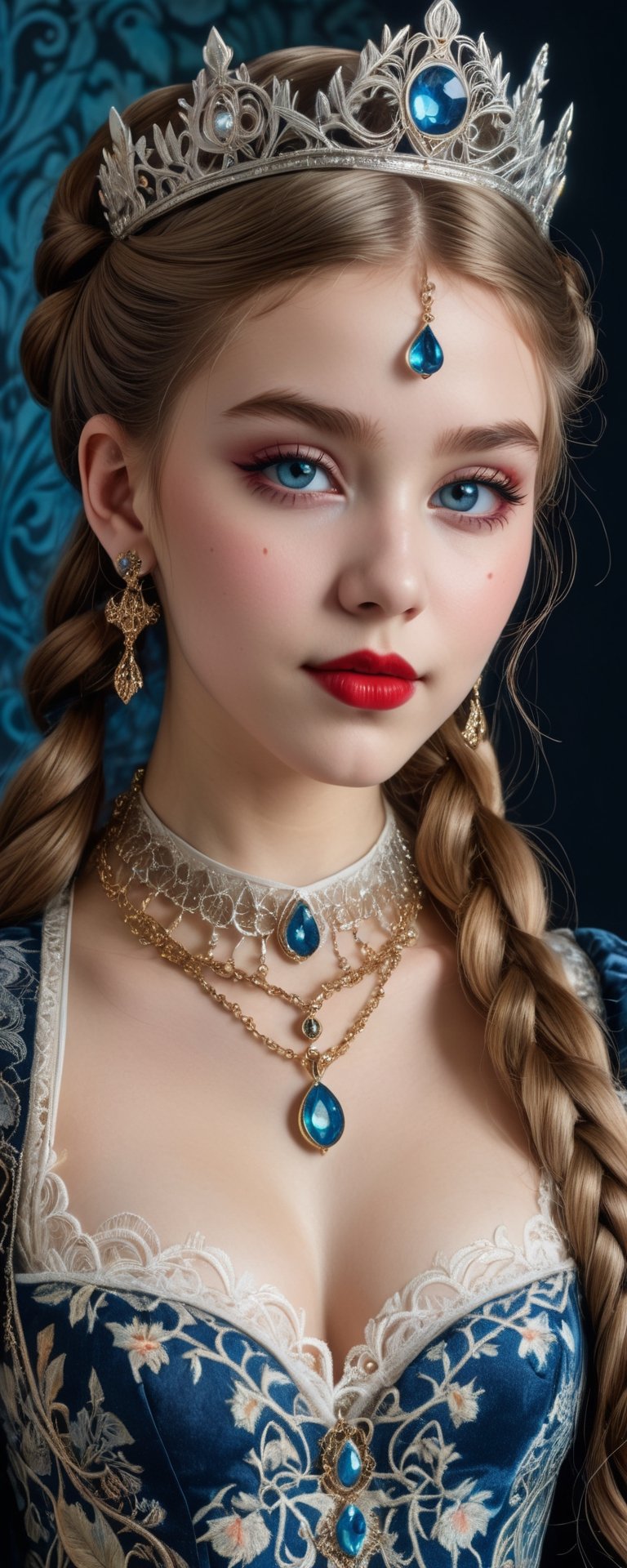 (best quality, masterpiece, ultra detailed, 8K, RAW photo), absurdres, a beautiful 17 year old vampire girl with white shiny long thick full hair with blunt bangs and braided hair buns, elaborrate bejeweled crown on head, ornate velvet outfit embroidered with intricate patterns and lace accents, big light blue hyper realistic eyes, perfect light skin, gothic eye make up, parted greasy full red lips, mischevious smile,intricate jewelry,necklace,earrings, intricate william morris wallpaper background,  background,vibrant color, full torso,