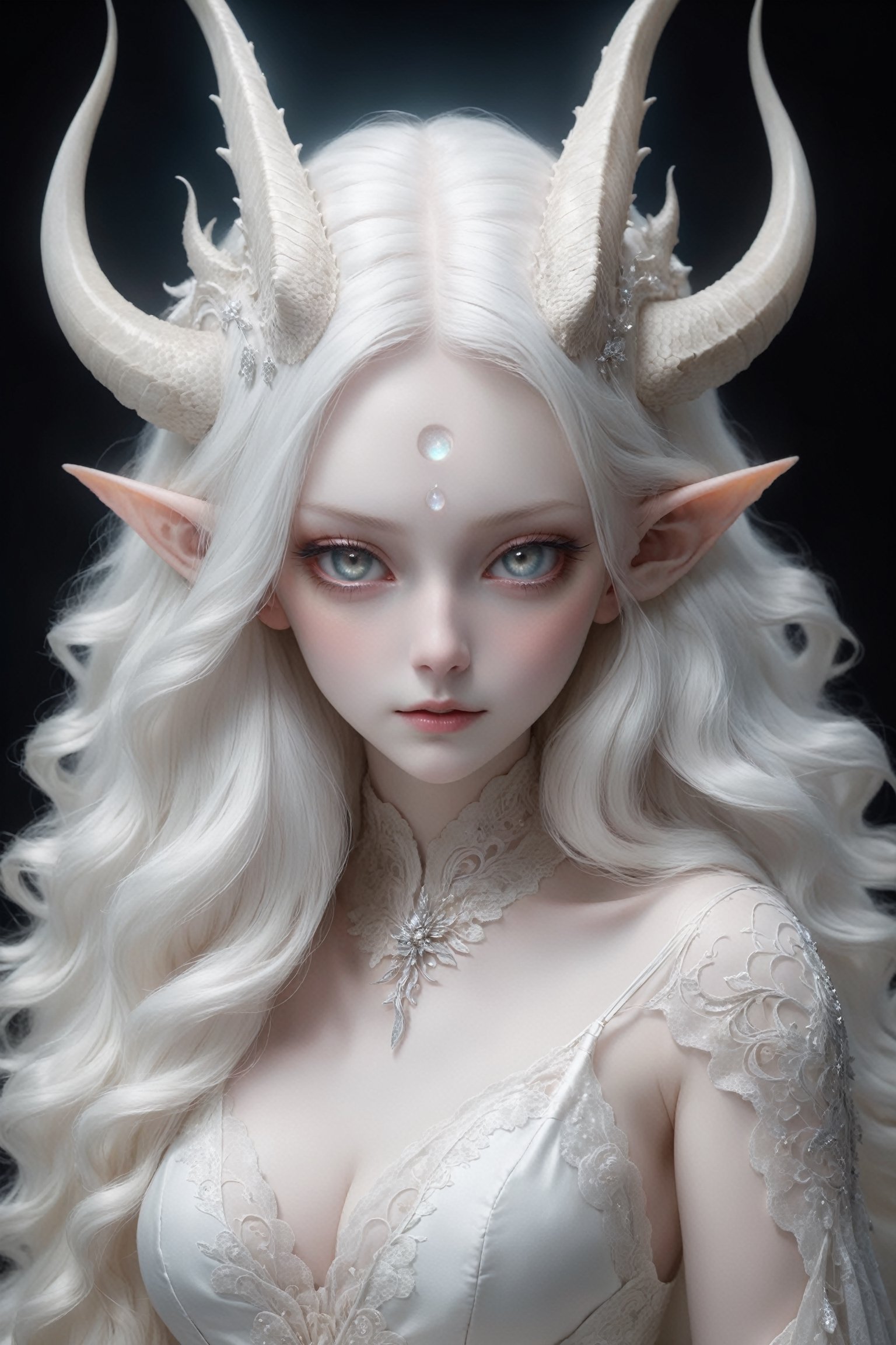 (full body),(long intricate horns:1.2), sensual albino demon girl with enchantingly beautiful, alabaster skin, thinking, thoughtful, A benevolent smile, girl has beautiful deep eyes, soft expression, Depth and Dimension in the Pupils, Her porcelain-like white skin reflects an almost celestial glow, highlighting her ethereal nature, Every detail of her divine lace costume is meticulously crafted, adorned with jewels that sparkle with a divine radiance, mysterious smoky background, an aura of supernatural allure, ornate jewels, mesmerizing dance of light that enhances her divine presence, moonlit garden, mystical realm, the scene Illuminated  with soft enchanting light to accentuate the magical and mysterious atmosphere, goth person, realistic, Wonder of Art and Beauty, ghost person, standing next to her albino pet dragon, full body