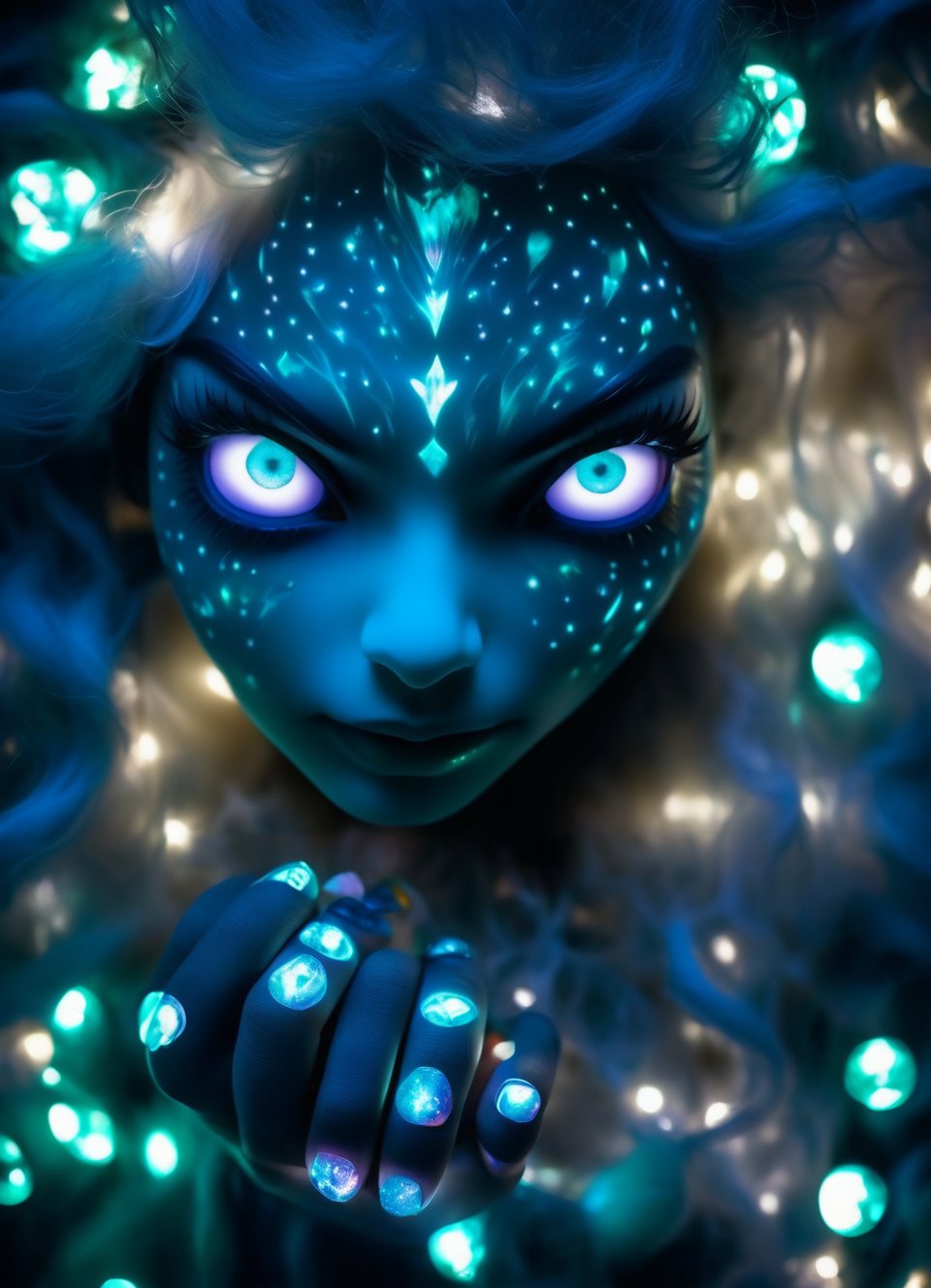 close up portrait (sacred night and elf puppet),(ultra-fine HDR), extremely delicate and beautiful girl, (((hidden hands and fingers))) glowing intricate round human detailed eyes, glowing tattoos on face, glowing floating translucent irridescent orb, big long white hair, 