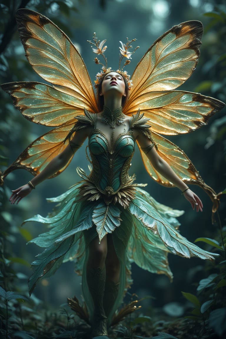 ethereal fantasy concept art Midjourney, MJ, Midjourney style, realism, cinematic quality, macro. ai copilot conceptual creative hyperrealistic, fairies, nymphs, 1/3 cowboy shot, radiant, colorful