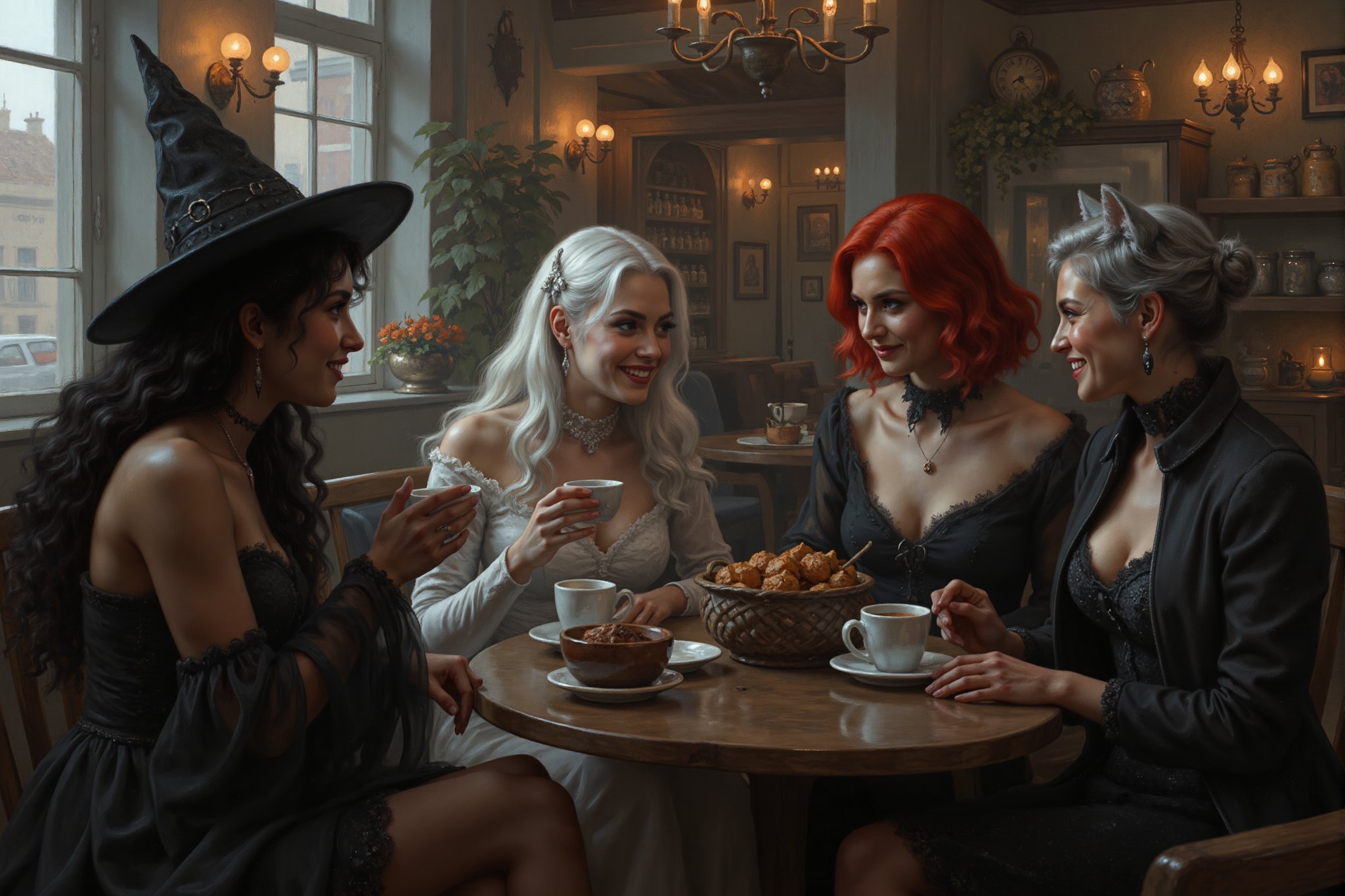 a beautiful witch with long curly black hair, beautiful ghostly woman, white hair, white skin, white dress, beautiful female vampire with vivid red hair and beautiful cat woman, with cat ears and blue-grey short hair are sitting in a halloween inspired decorated coffee shop drinking coffee with each other smiling and talking. perfect anatomy, perfect hands, perfect faces.