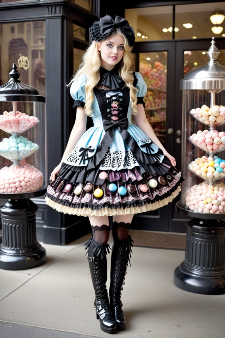 full body shot, beautiful happy young 17-year old girl model with blonde extra long voluminous straight floating windy hair, she has light blue eyes, perfect pale skin and cute smile on her face. the girl is wearing a high fashion elaborate gothic lolita outfit, intricate patterns, cute intricate stockings, frilly, elaborate embroidery, lace, bows, buttons, inspired by Moi-Même-Moitié, Alice and the Pirates and Atelier Pierrot, cute high heeled boots, and she has perfect manicured hands. she is holding a very cute designer gothic lolita purse handbag. the detailed elaborate background shows the girl shopping in an elaborate upper class cluttered style candy store filled by many different types of candies and confections including big colorful lolipops, cotton candy, chocolate fountain, marshmellows, bubble gums, multi colored hard candies in glass canisters, cookies, full body shot 