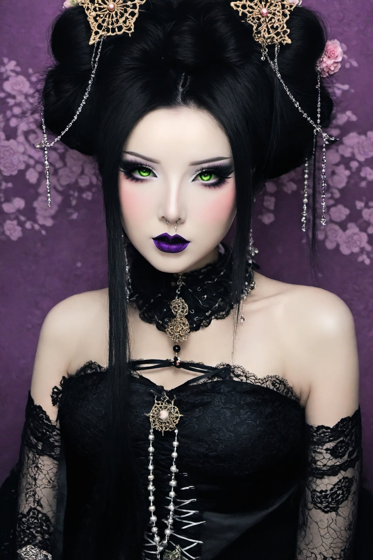 Highy detailed image, cinematic shot, (bright and intense:1.2), portrait shot, dynamic pose, crisp, defined, HQ, detailed, HD, dynamic light & pose, motion, moody, intricate, 1girl, (((gothic geisha)) light green eyes, elaborate intense geisha make-up, black lipstick, dark gothic eye make-up, dark purple colored hair in elaborate geisha style with gothic ornaments like pentagrams, black lace, chains, multiple piercings on ears, elaborate long dangle earrings, dark gothic geisha outfit, in black, lace, dark blue, purple, colors,  attractive, clear facial expression, detailed background of sccary goth wallpaper pattern, emotional, hyperrealistic inspired by necronomic art, fantasy horror art, photorealistic dark concept art, goth person, Extremely Realistic,GothEmoGirl