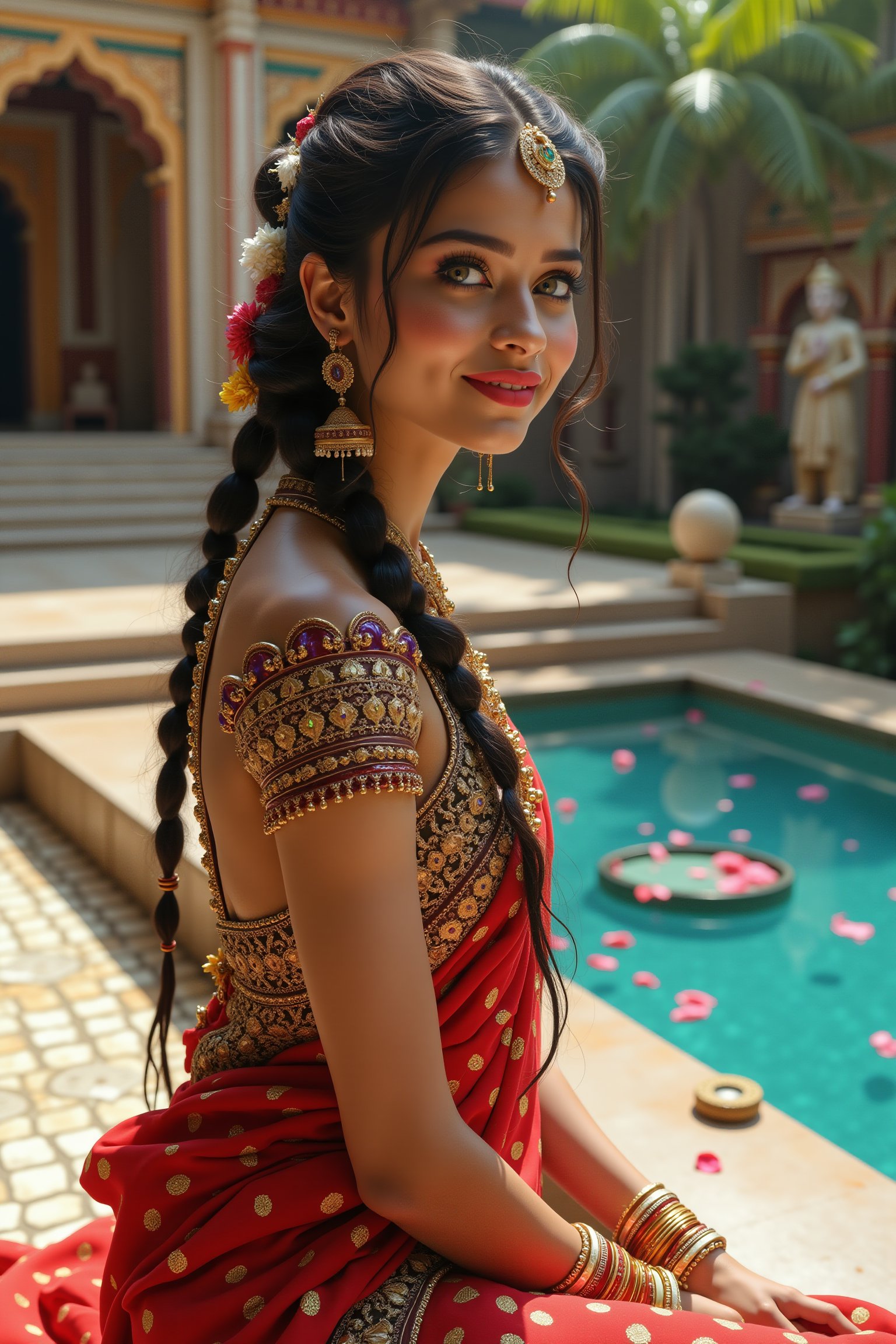 long shot, close shot, side view realistic photgraphic image of young stunningly gorgeous and beautiful exotic asian indian woman in Ancient India. she sits on a bench next to a decorative pool with jasmine, rose petals on the water's surface. she has a sweet sensual closed mouth smile, stunning big light green realistic eyes, rich colorful make-up and eyeliner on her eyes, hair in elaborate braids and buns, she wears an ancient indian dress in silk, cotton and linen fabrics, colors of royal blue red and gold, which is richly and elaborately decorated, with embroidery and rich jewels, gold jewelry and ornaments, flat  sandals on her feet. her outfit and posture displays her wealth, behind her is the detailed realistic background of an Ancient Indian temple on the banks of a beautiful river, lush flora surrounds the temple with richly colored symmetrical Indian art, mythology and spiritual scenes decorating the walls, ancient hindu statues, small mosaic marble decorative pool with deep blue water blue, marble benches, palm, coconut, mango trees